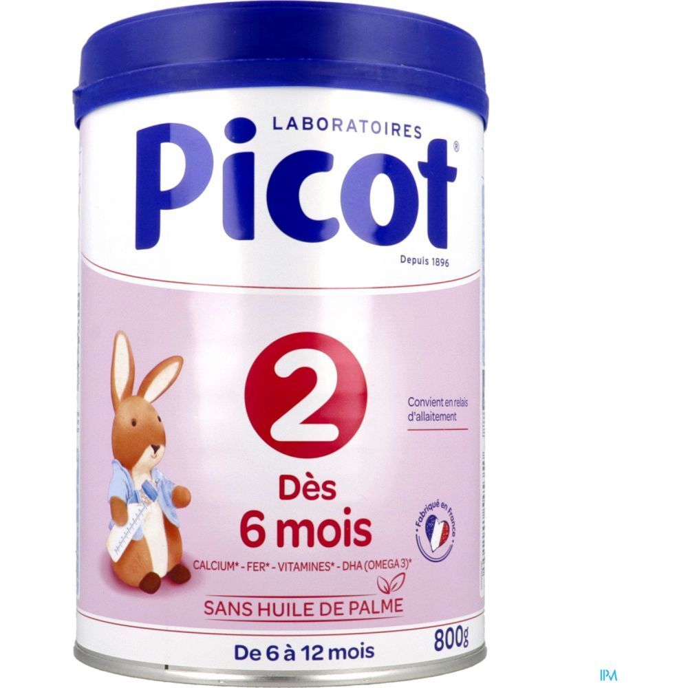 Roze bus met blauwe deksel. Opschrift Picot 2ème âge, 800g. Logo en konijn. Vanaf 6 maanden. Zonder palmolie.