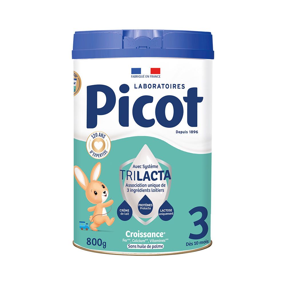 Blauw-witte Picot 3ème âge-verpakking. Met opschriften, o.a. '3', '800g', 'Trilacta'. Vanaf 10 maanden.