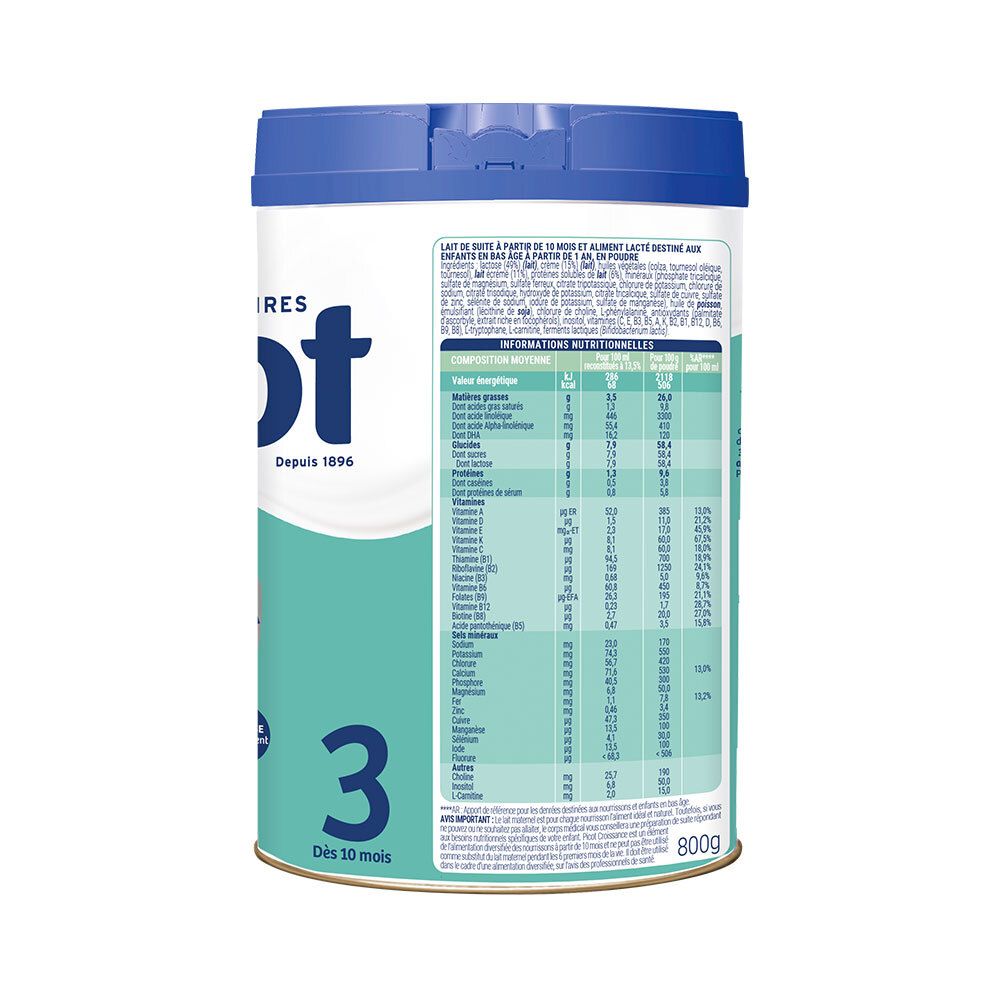 Achterkant van de Picot 3ème âge-verpakking. Voedingswaarde-informatie en ingrediënten. Met tabellen.