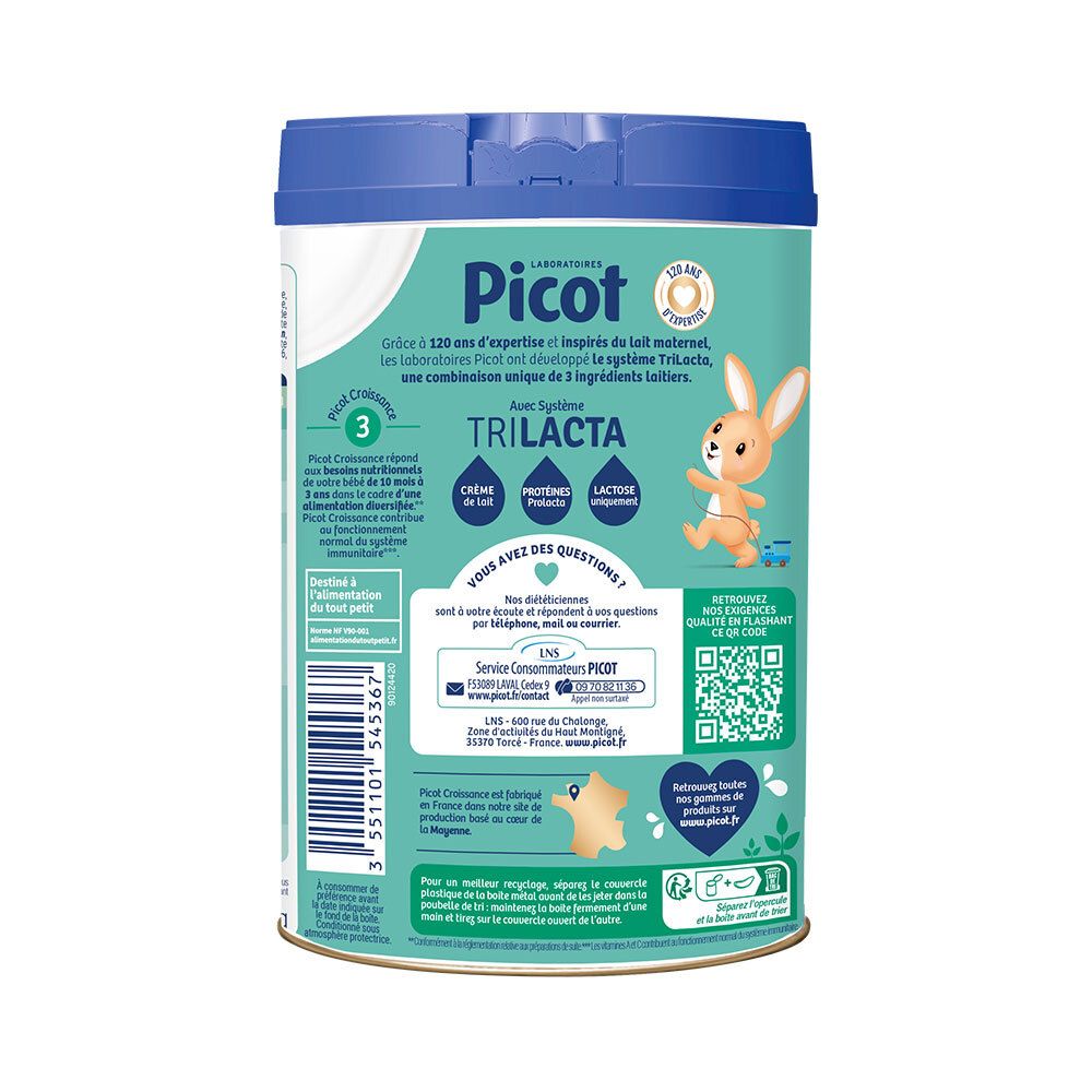 Achterkant van de Picot 3ème âge-verpakking. Contactgegevens en QR-code. Met illustraties.