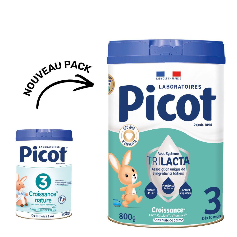 Twee Picot 3ème âge-verpakkingen. Een grote en een kleine. Opschriften: '3', '800g', 'Trilacta'.