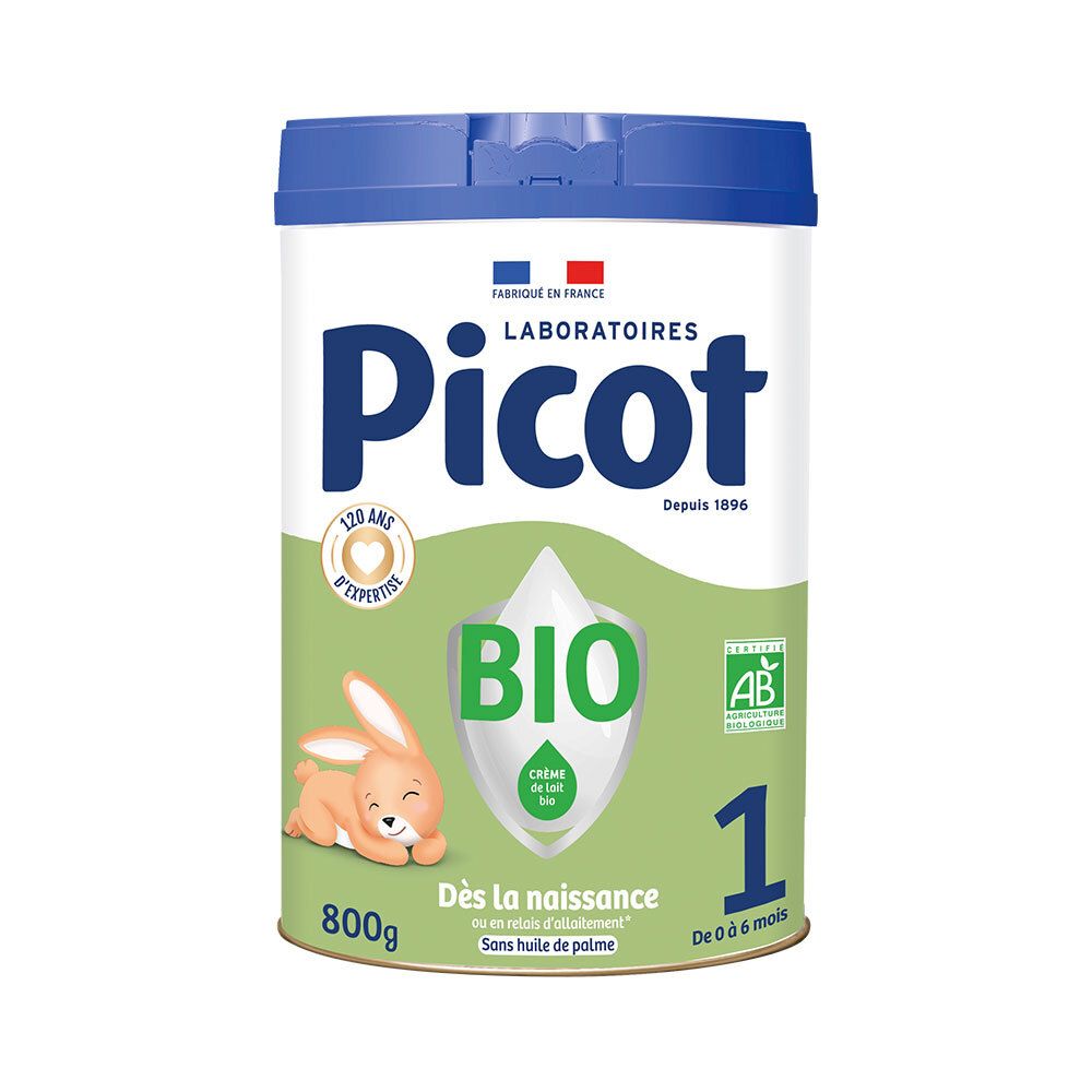 Blik Picot Bio 1 babyvoeding. Groen-wit design. Bio-logo, konijn. 800g. Voor baby's vanaf de geboorte.