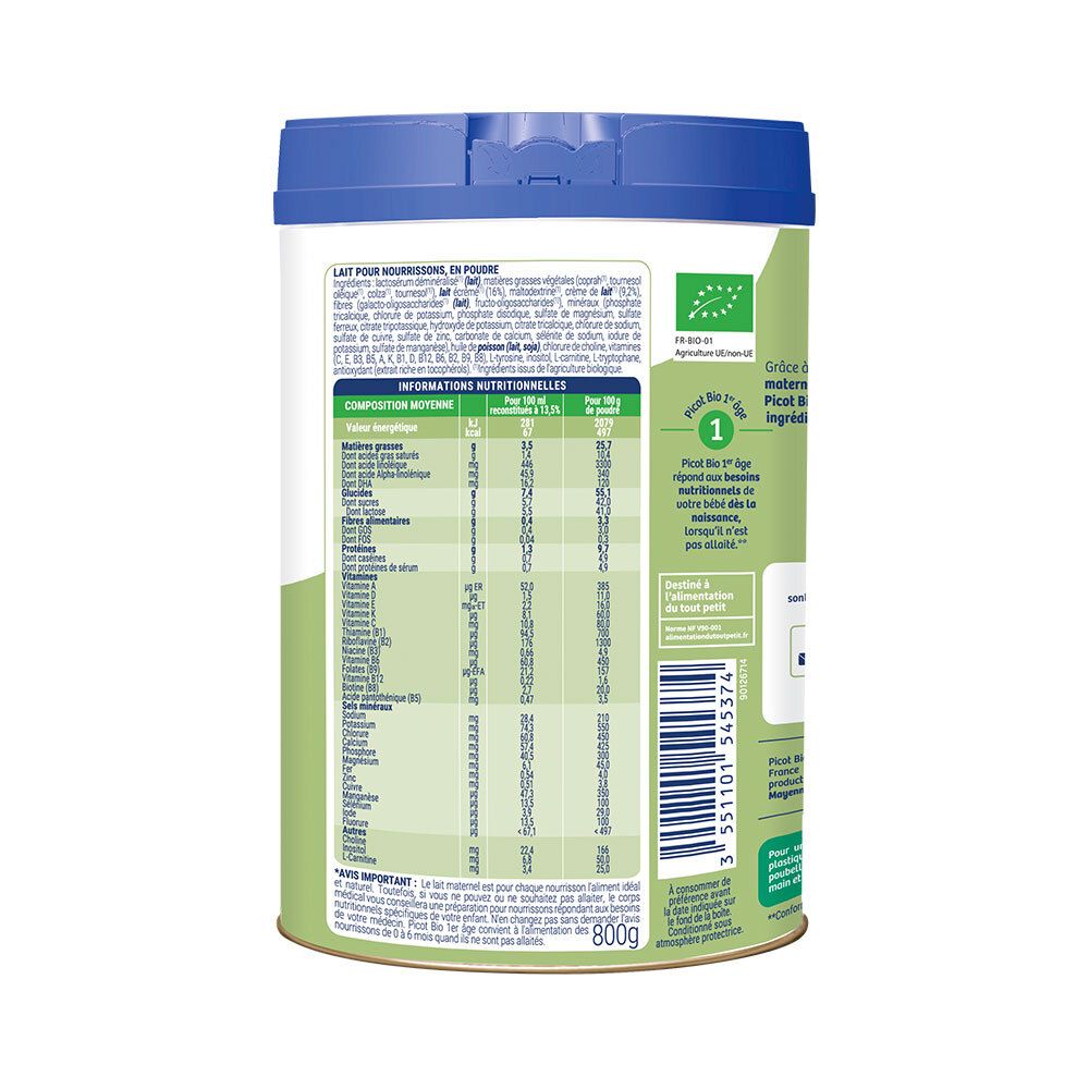 Achterkant van de babyvoeding. Voedingswaarde-informatie en ingrediëntenlijst. Bio-logo. 800g.