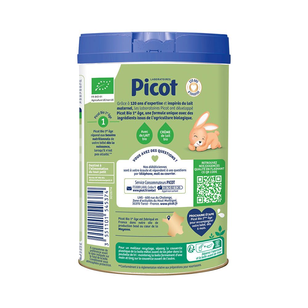 Achterkant van de Picot Bio 1. Merkinformatie. Bio-logo. Konijn illustratie.