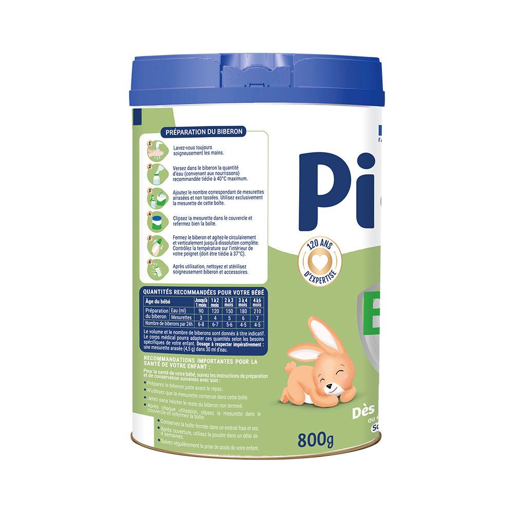 Achterkant babyvoeding. Bereidingsinstructies. Doseertabel. Konijn illustratie. 800g.