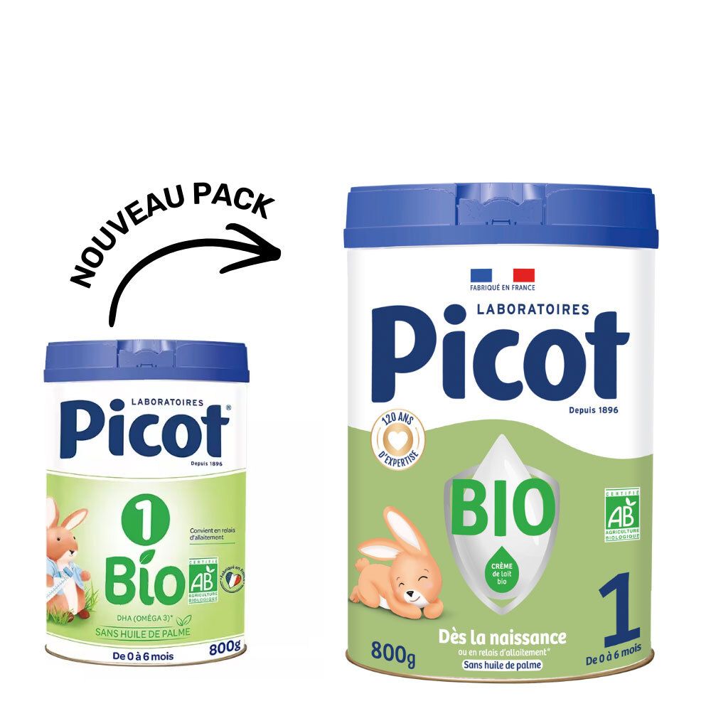 Vergelijking van twee babyvoeding blikken. Picot Bio 1, 800g. Nieuw design. Bio-logo en konijn.