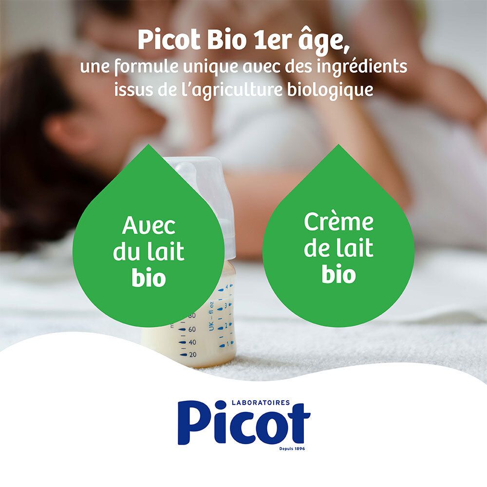 Picot Bio 1er âge melkpoeder met babyfles. Met Bio-keurmerk en konijn-afbeelding.