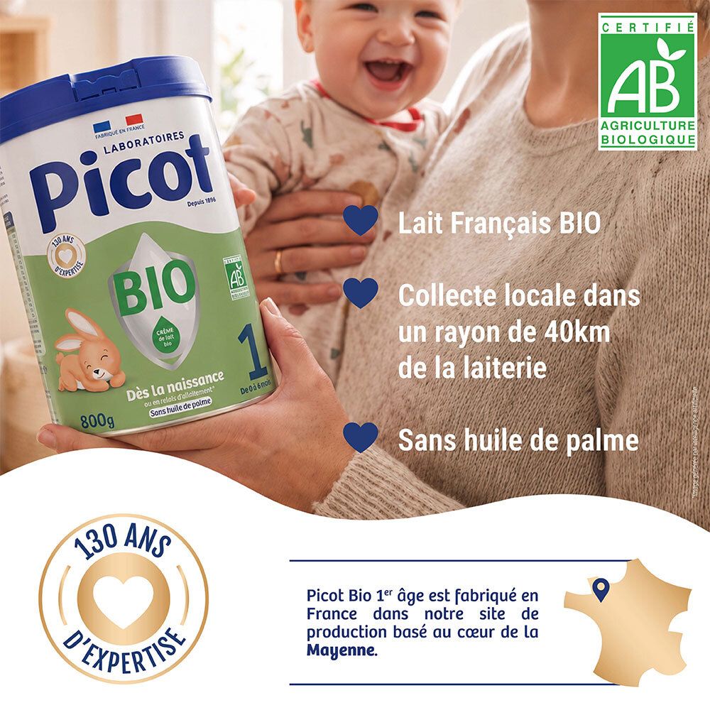 Voorkant van een blik Picot Bio 1er âge melkpoeder, 800g. Met konijn-afbeelding en Bio-keurmerk.