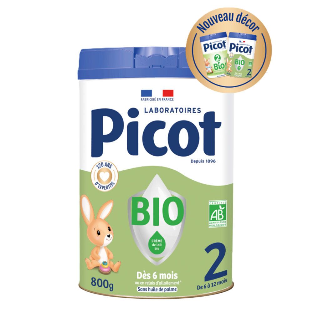 Blik Picot Bio 2ème âge, 800g. Met AB-logo, konijn illustratie, tekst. Met extra verpakking.