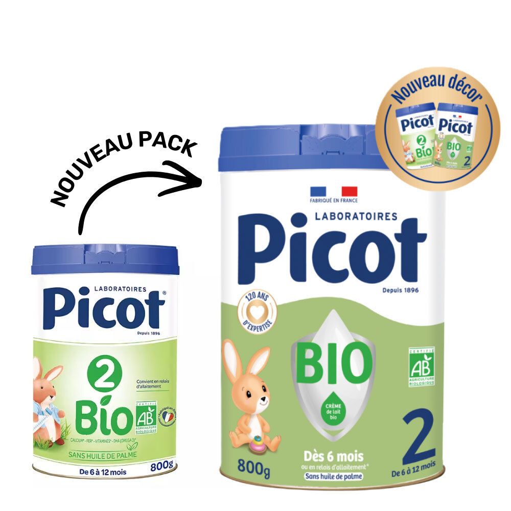 Twee blikken Picot Bio 2ème âge, 800g. Met AB-logo, konijn illustratie, tekst. Met extra verpakking.