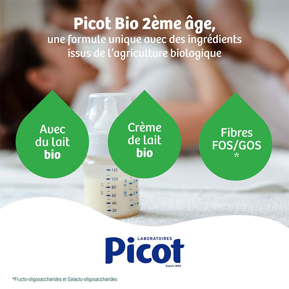 Picot Bio 2ème âge : Lait bio, crème de lait bio, fibres FOS/GOS.