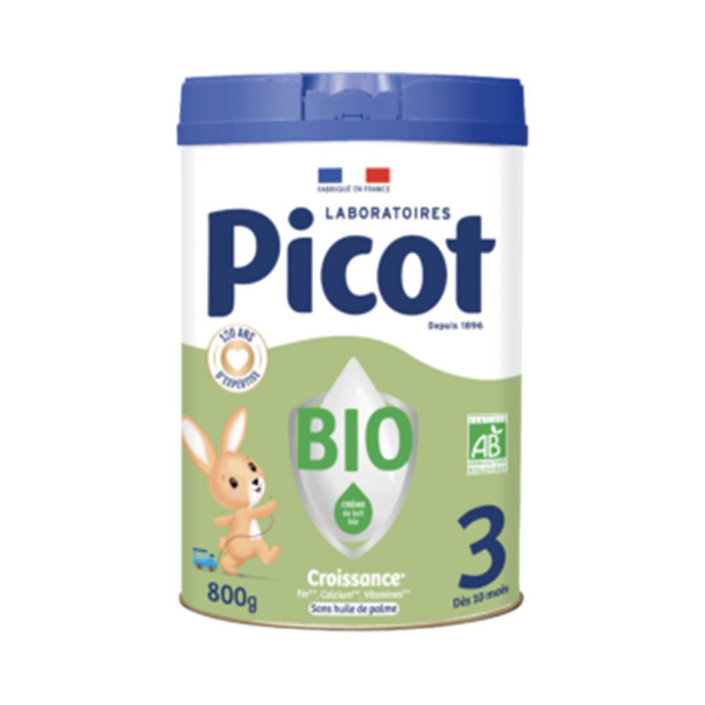 Blik Picot Bio 3, groeimelk voor zuigelingen, 800g. Groen-wit ontwerp met logo, konijn en Franse vlag. Vanaf 10 maanden.