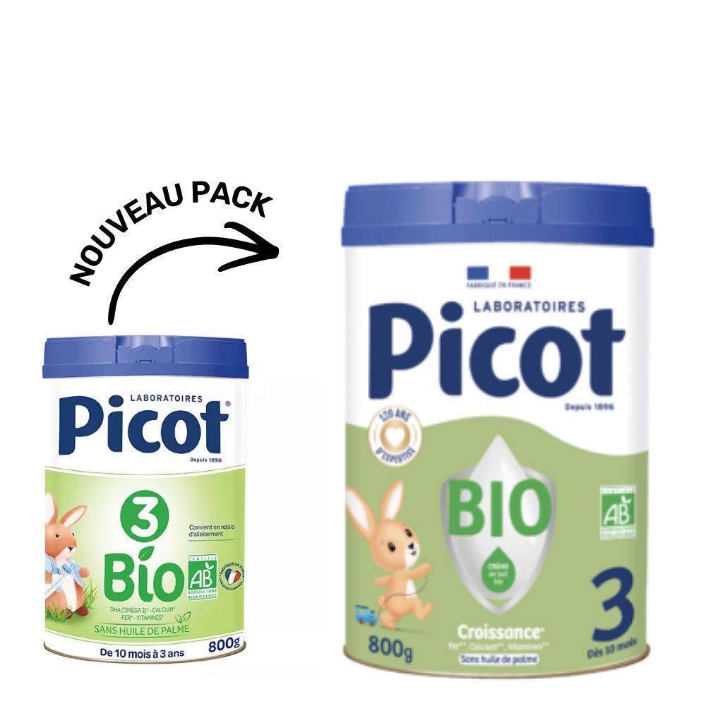 Twee blikken Picot Bio 3. Eén blik met de tekst 'Nouveau Pack'. Beide blikken met logo, konijn en groene kleur. 800g.