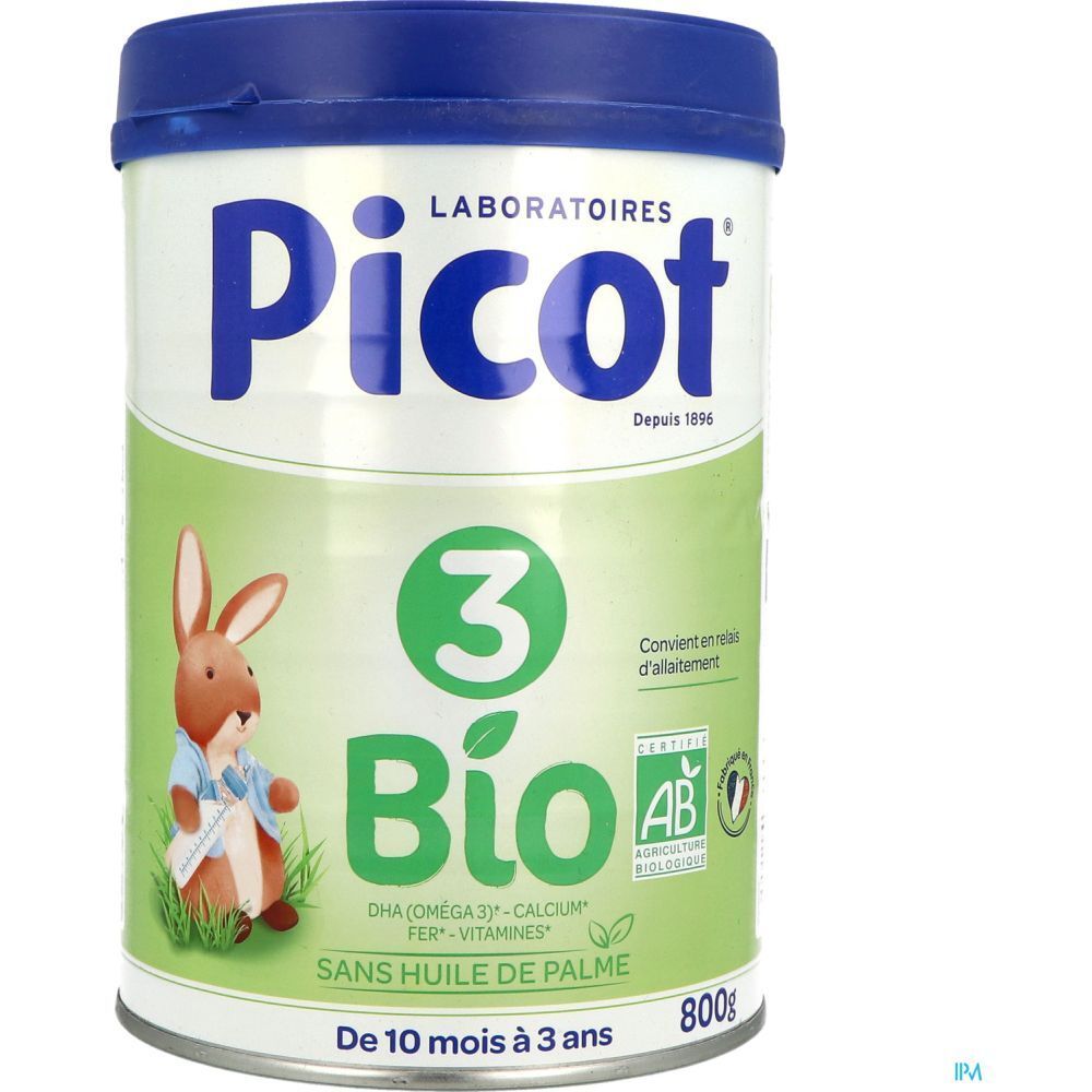 Blik Picot Bio 3, groeimelk voor zuigelingen, 800g. Groen-wit ontwerp met logo, konijn en Franse vlag. Vanaf 10 maanden.