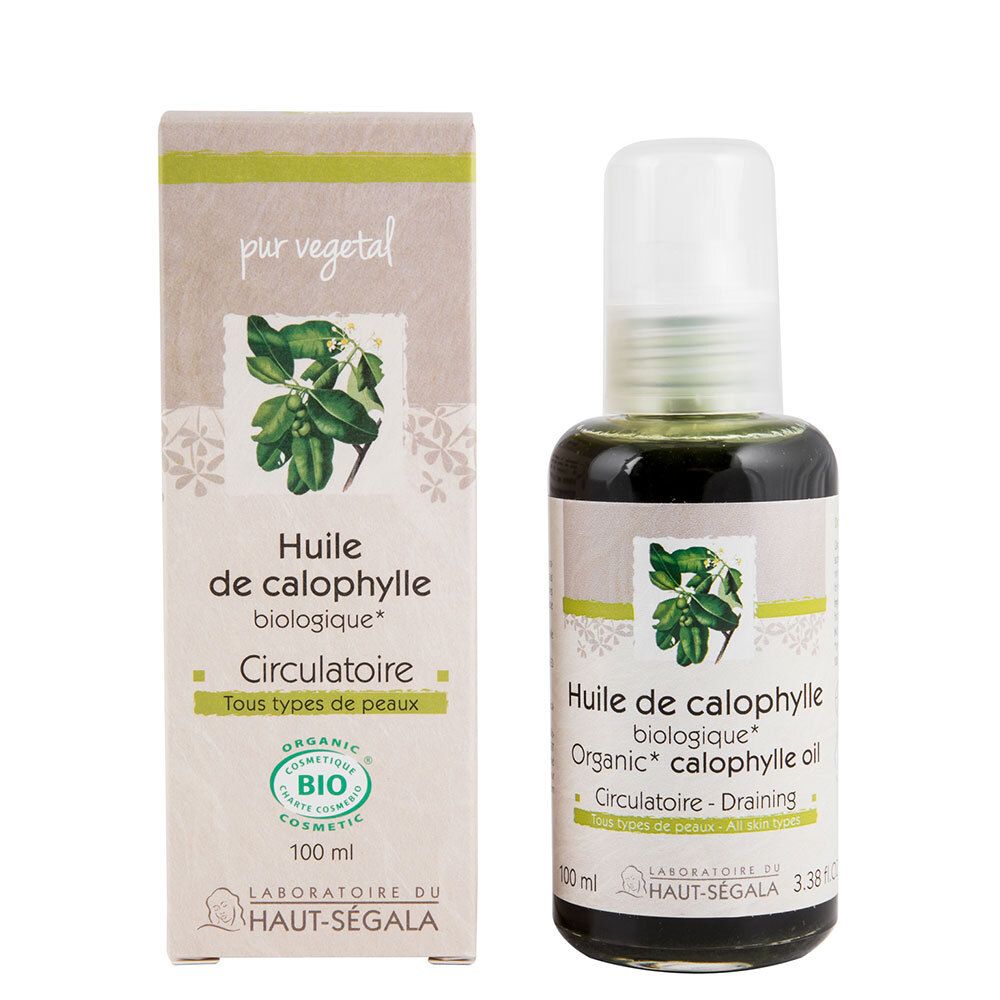Flacon et emballage d'huile de calophylle bio. Étiquette avec texte et label bio. Flacon avec vaporisateur.
