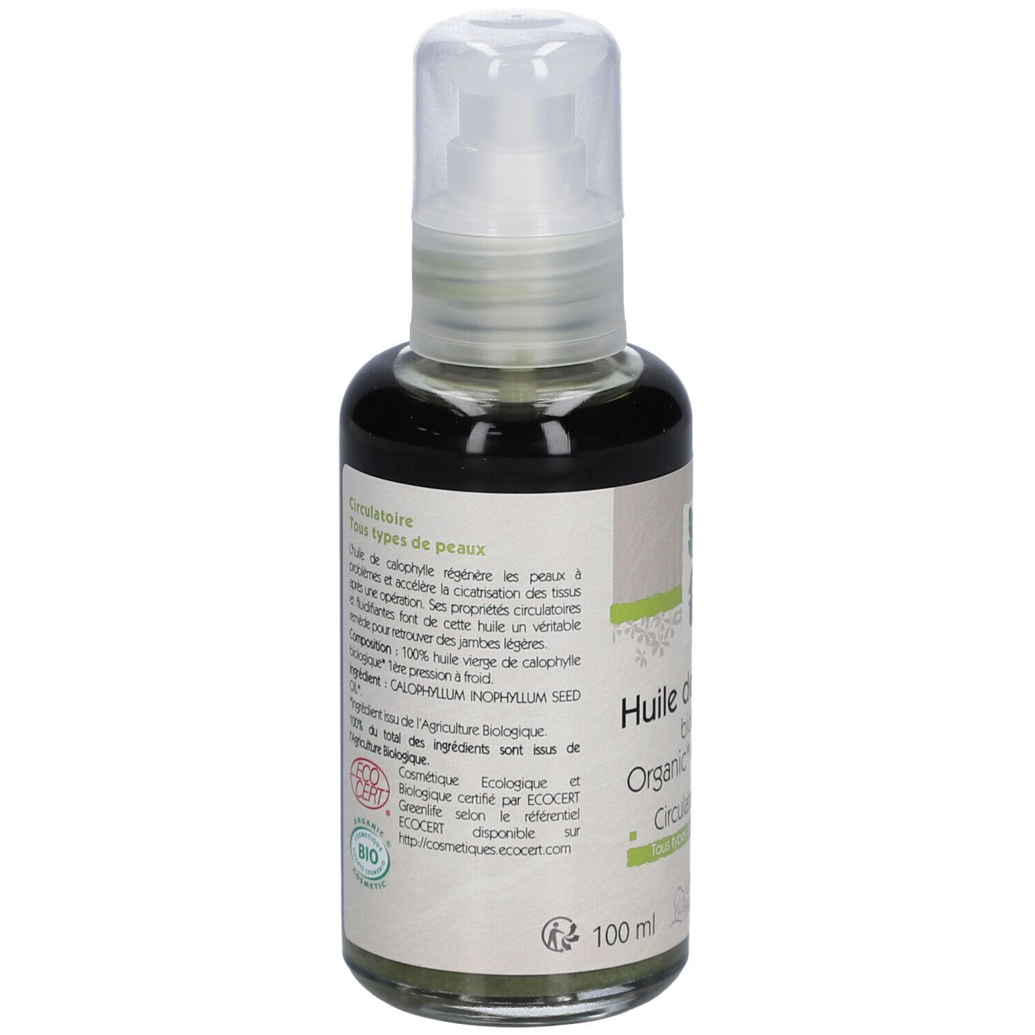 Flacon en verre avec vaporisateur. Étiquette avec texte et informations. Label bio. 100 ml.