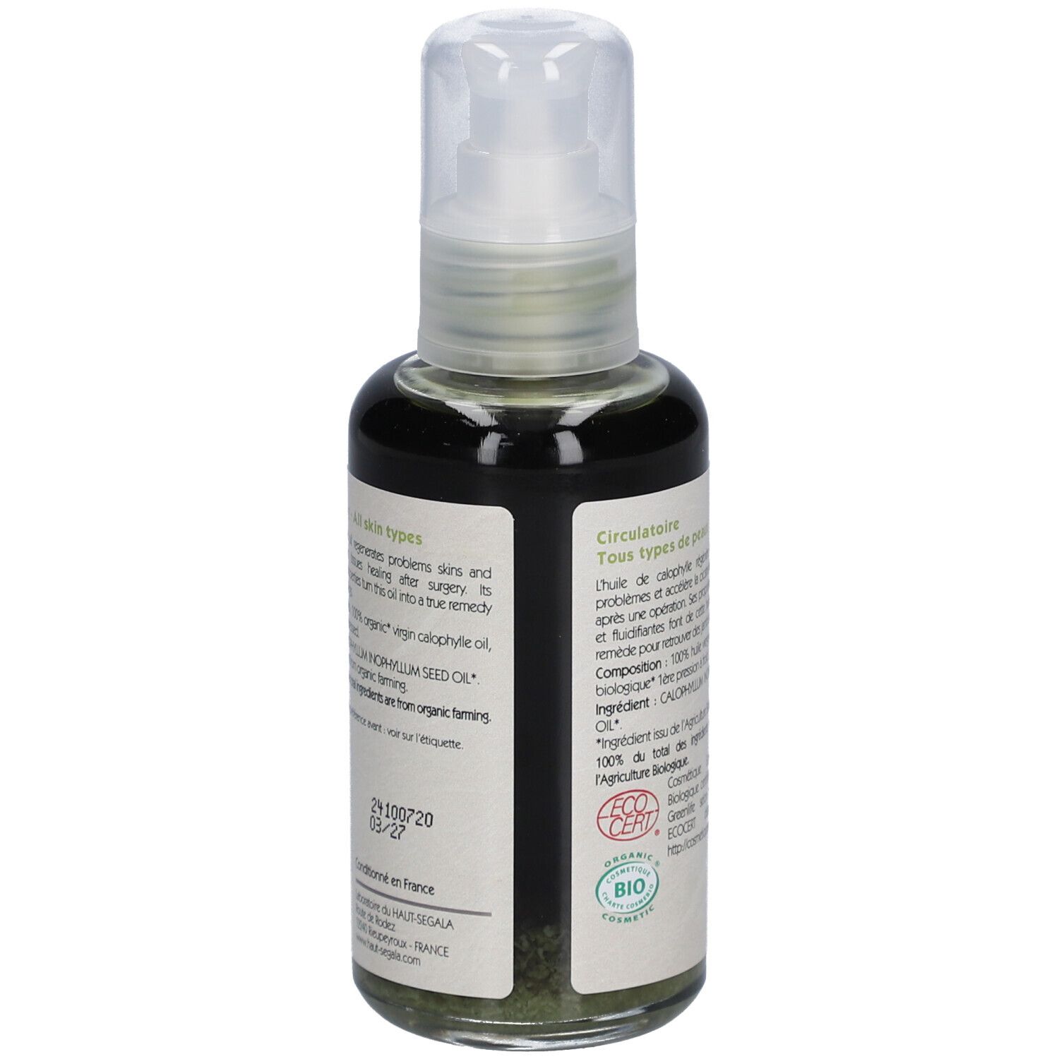 Flacon en verre avec vaporisateur. Verso avec texte et label bio. 100 ml.