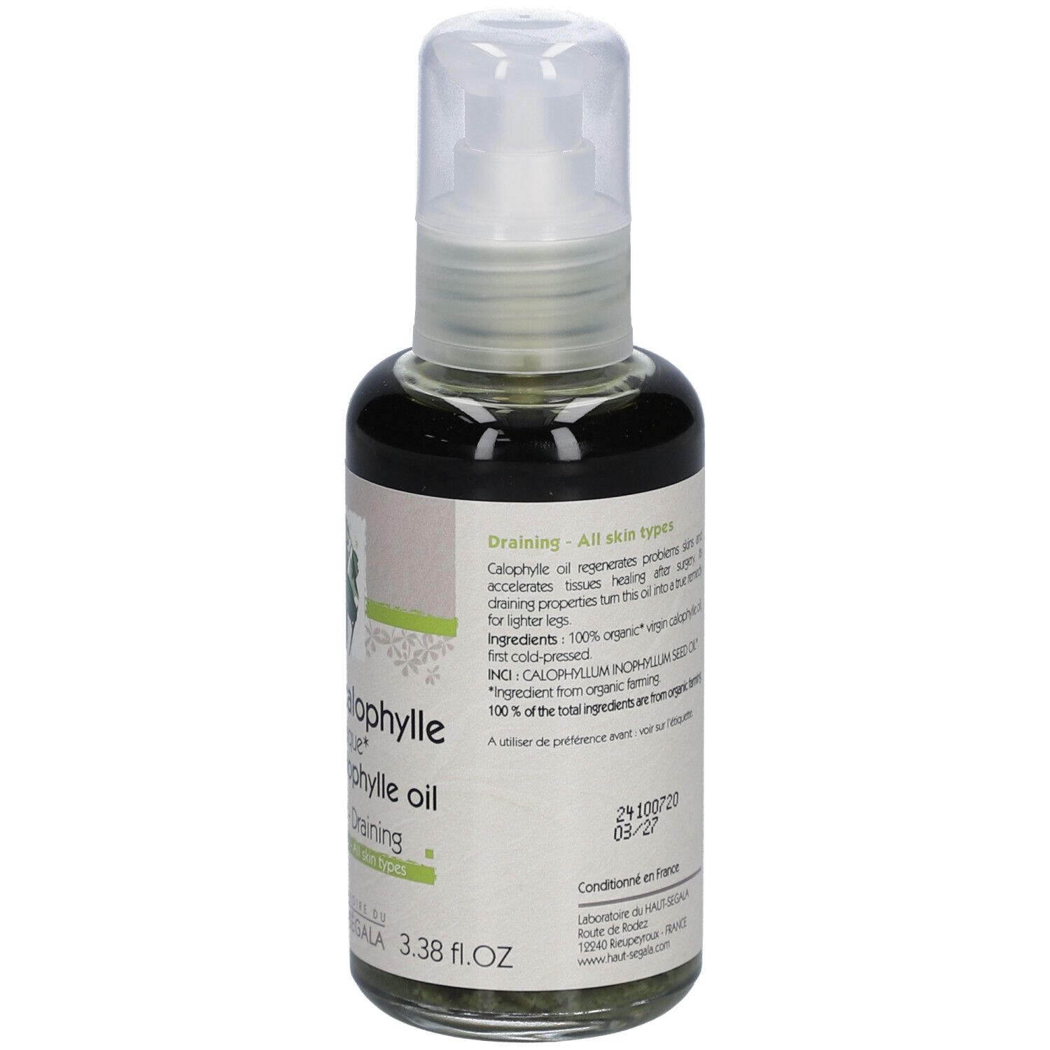 Flacon en verre avec vaporisateur. Étiquette avec texte et informations. Label bio. 100 ml.