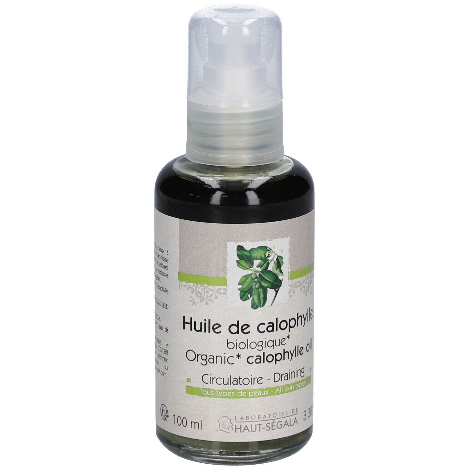 Flacon en verre avec vaporisateur. Étiquette avec texte : Huile de calophylle biologique, Organic calophylle oil. 100 ml.