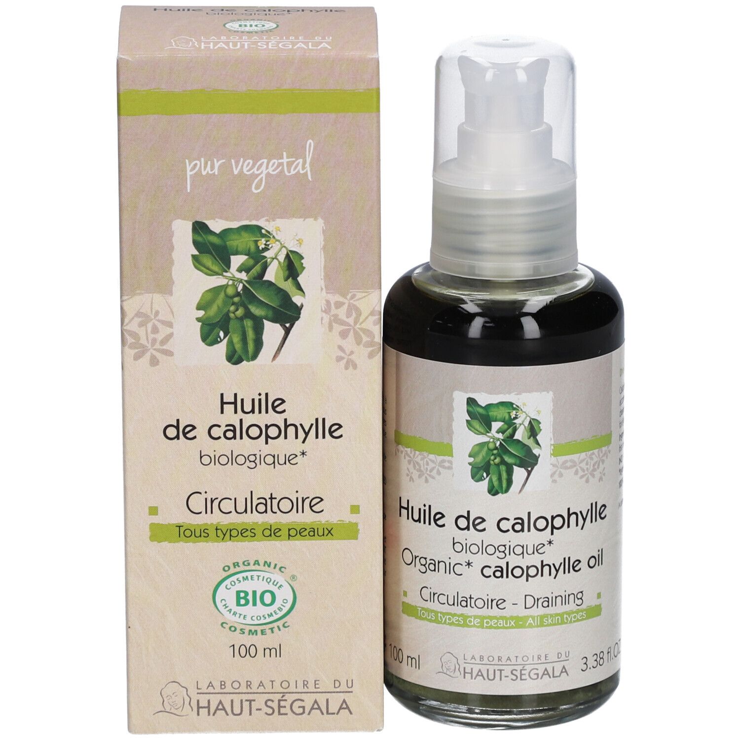 Flacon et emballage d'huile de calophylle bio. Étiquette avec texte et label bio. Flacon avec vaporisateur.