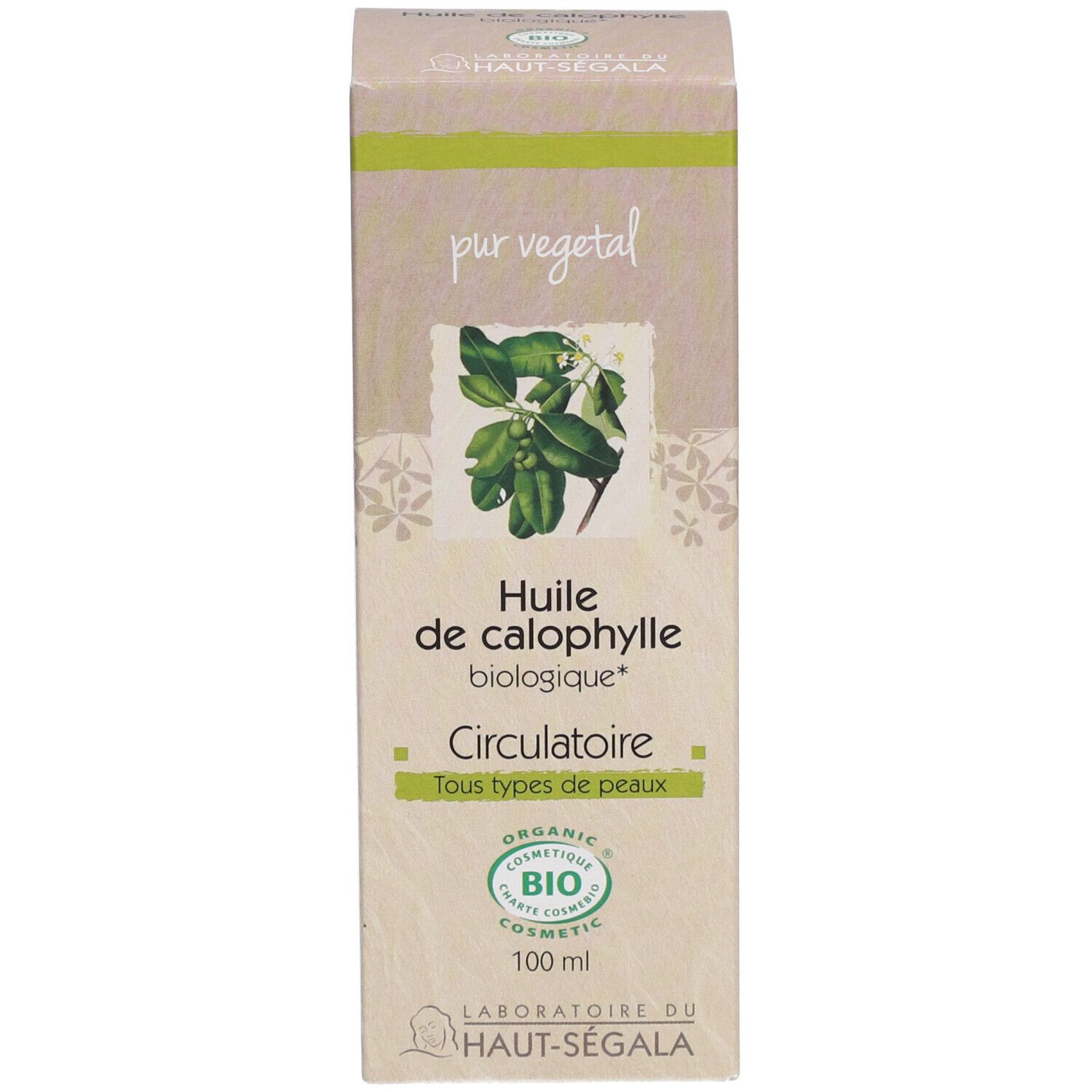 Emballage pour huile de calophylle bio. Étiquette avec texte et label bio. 100 ml.