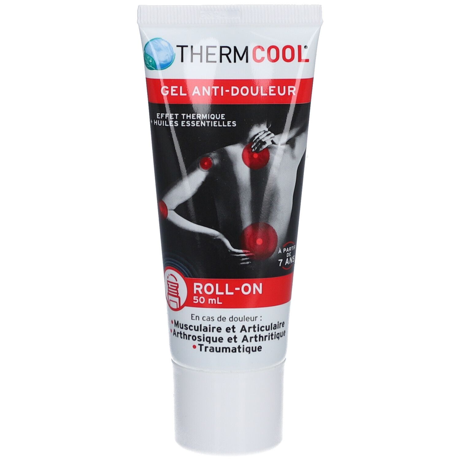 Tube ThermCool Gel Anti-Douleur. Rood en wit. Roll-on applicator. Illustratie van een lichaam met pijnpunten. Bevat 50 ml.
