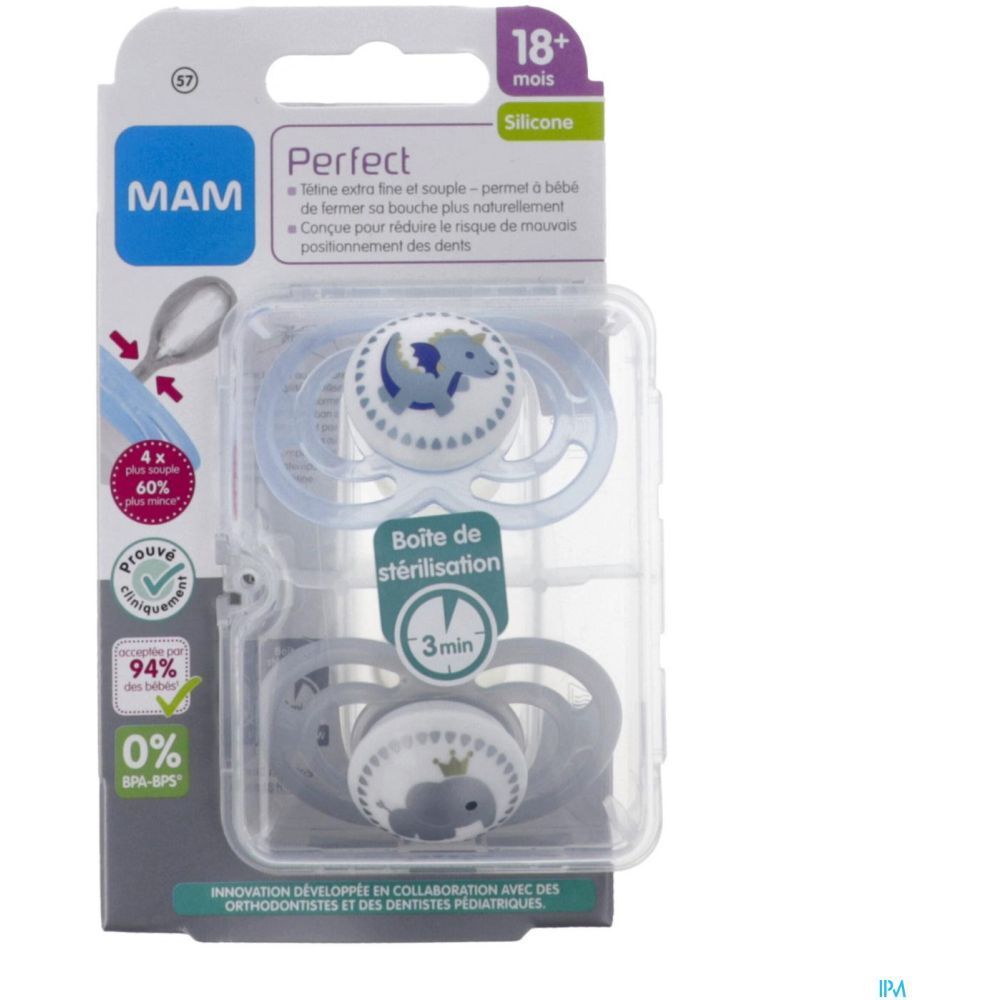 Deux sucettes MAM Perfect en silicone, +18 mois, dans une boîte de stérilisation. Motifs animaux.