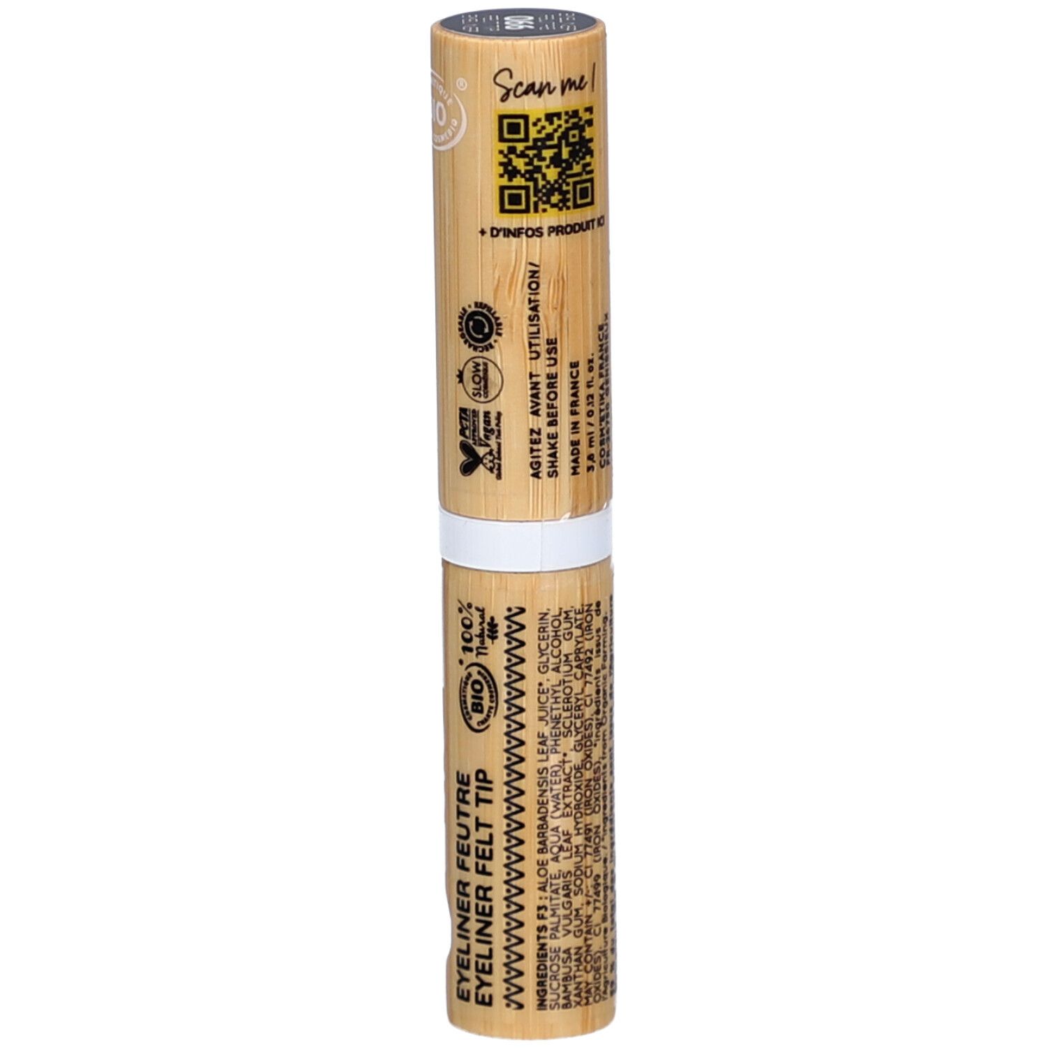 Eyelinerstift van bamboe. Opschrift: ZAO, EYELINER FEUTRE FELT TIP. QR-code en ingrediënten.