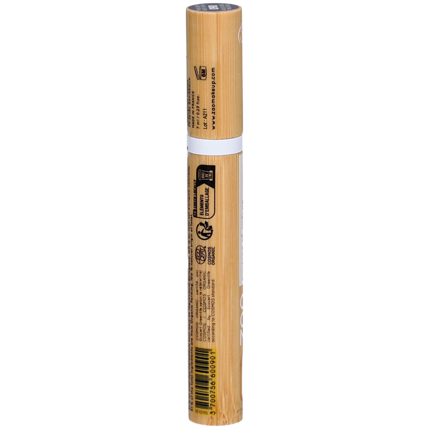 Tube de mascara en bambou. Dos avec texte et code-barres. Inscription: ZAO, essence of nature. Certification bio.