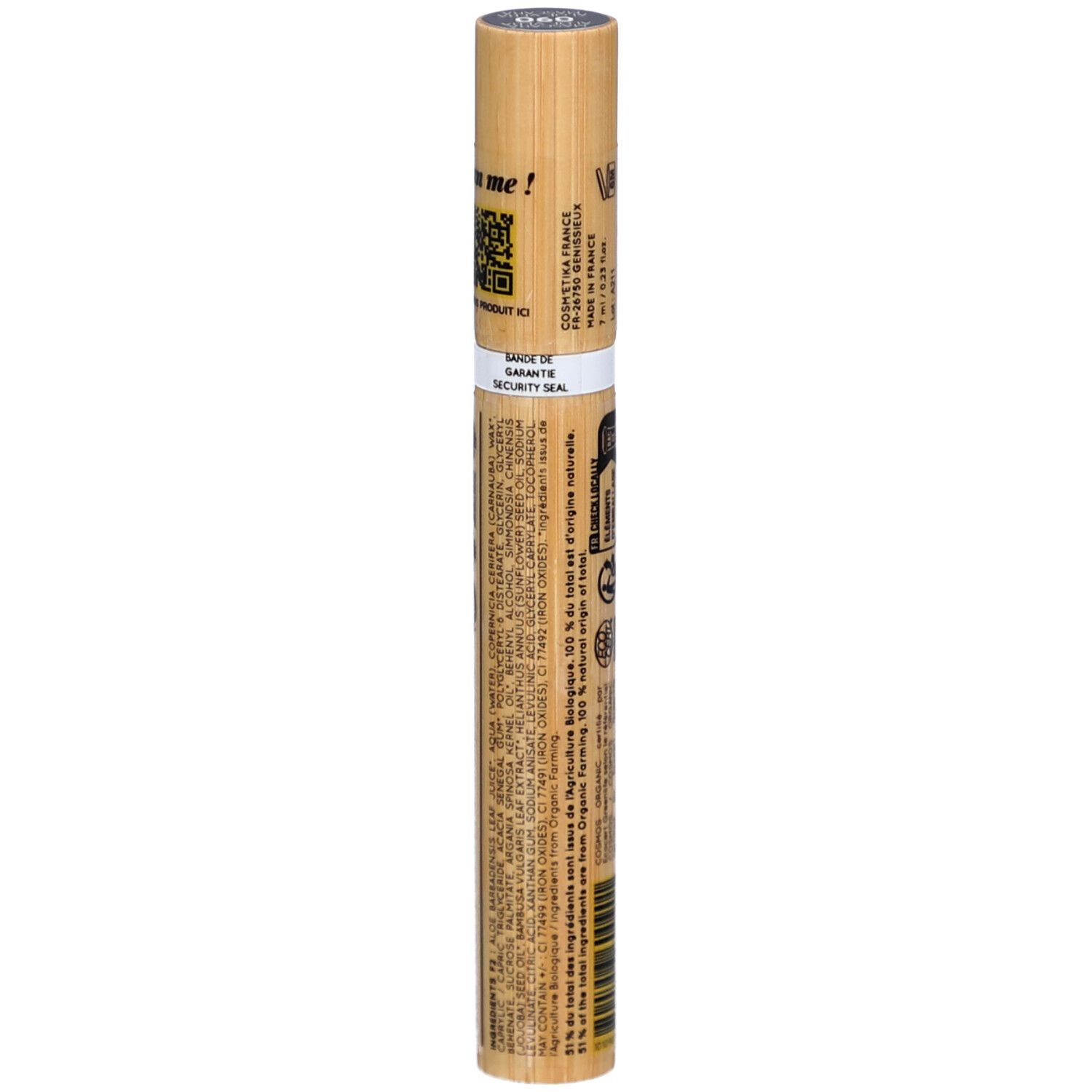 Tube de mascara en bambou. Dos avec texte, QR code et scellé de sécurité. Certification bio.