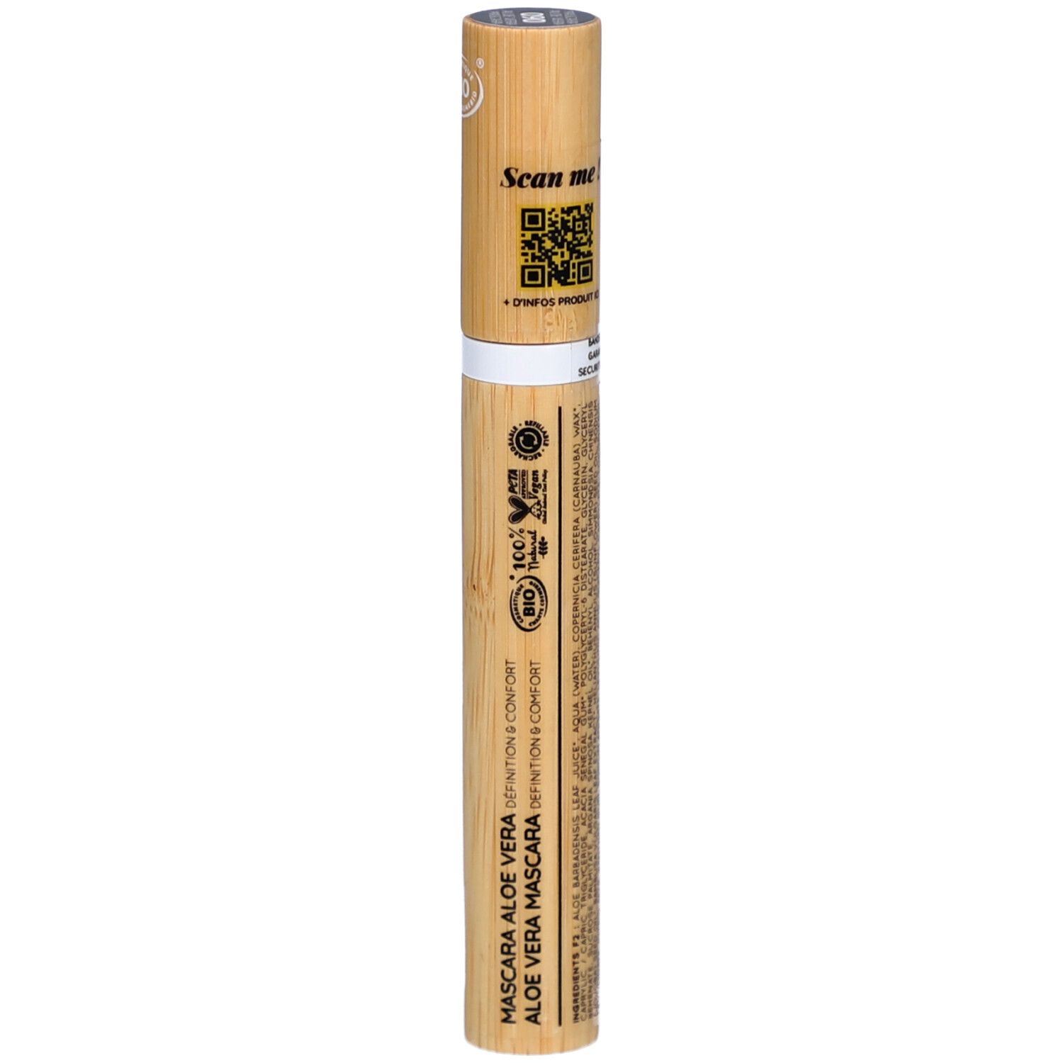 Tube de mascara en bambou. QR code, texte et logos. Inscription: Mascara Aloe Vera. Certification bio.