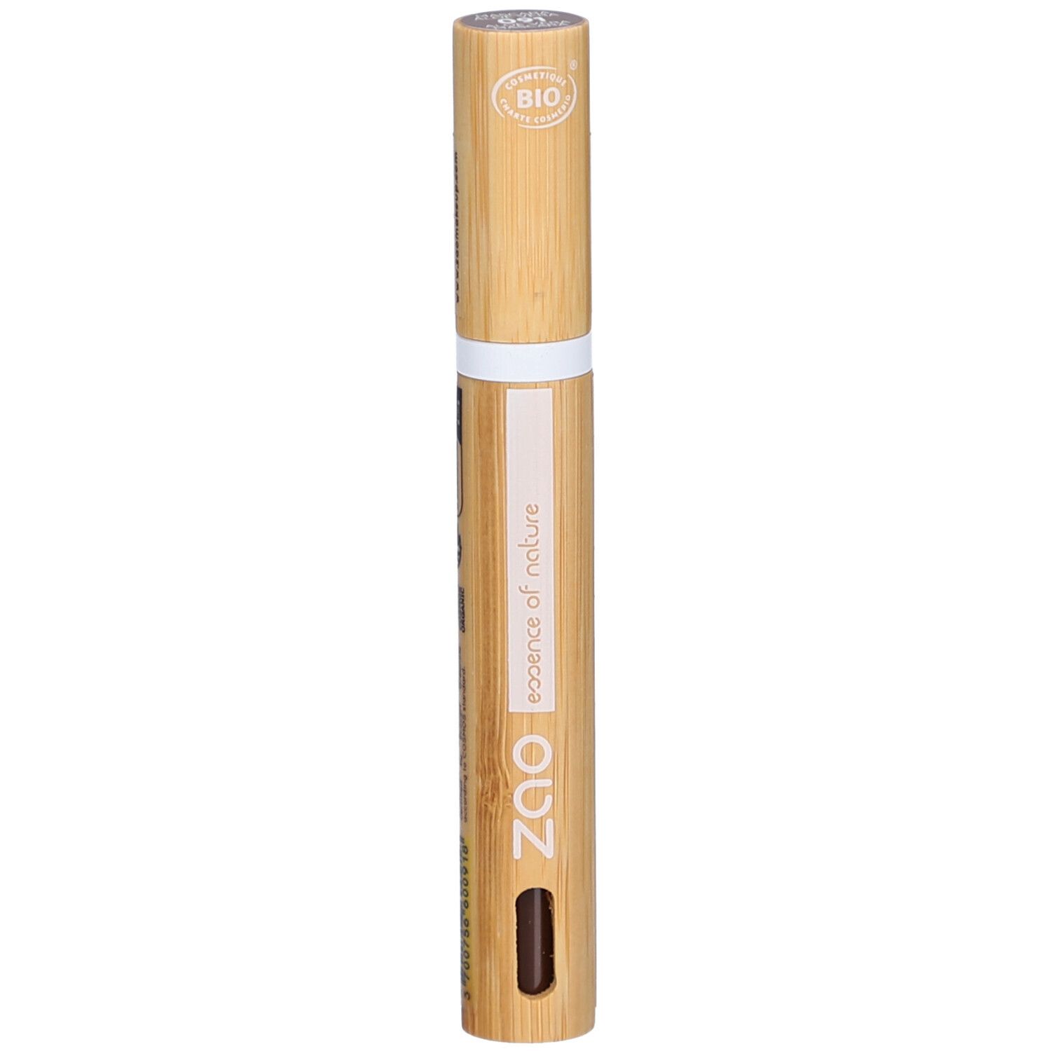 Mascara tube van bamboe. Witte streep, opschrift ZAO, essence of nature. Bio-certificering.