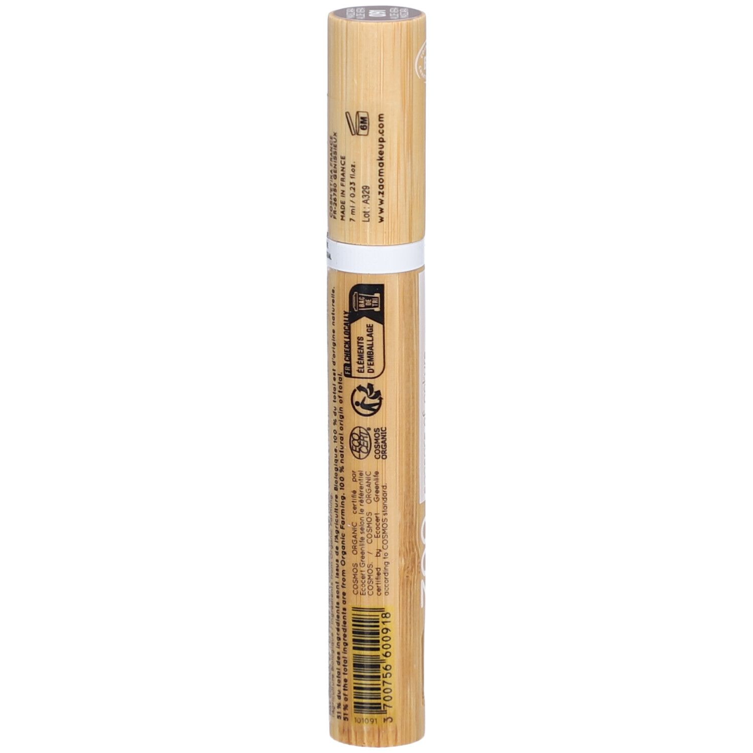 Achterkant van de mascara tube. Tekst, barcode, bio-certificering. Informatie over ingrediënten en fabrikant.