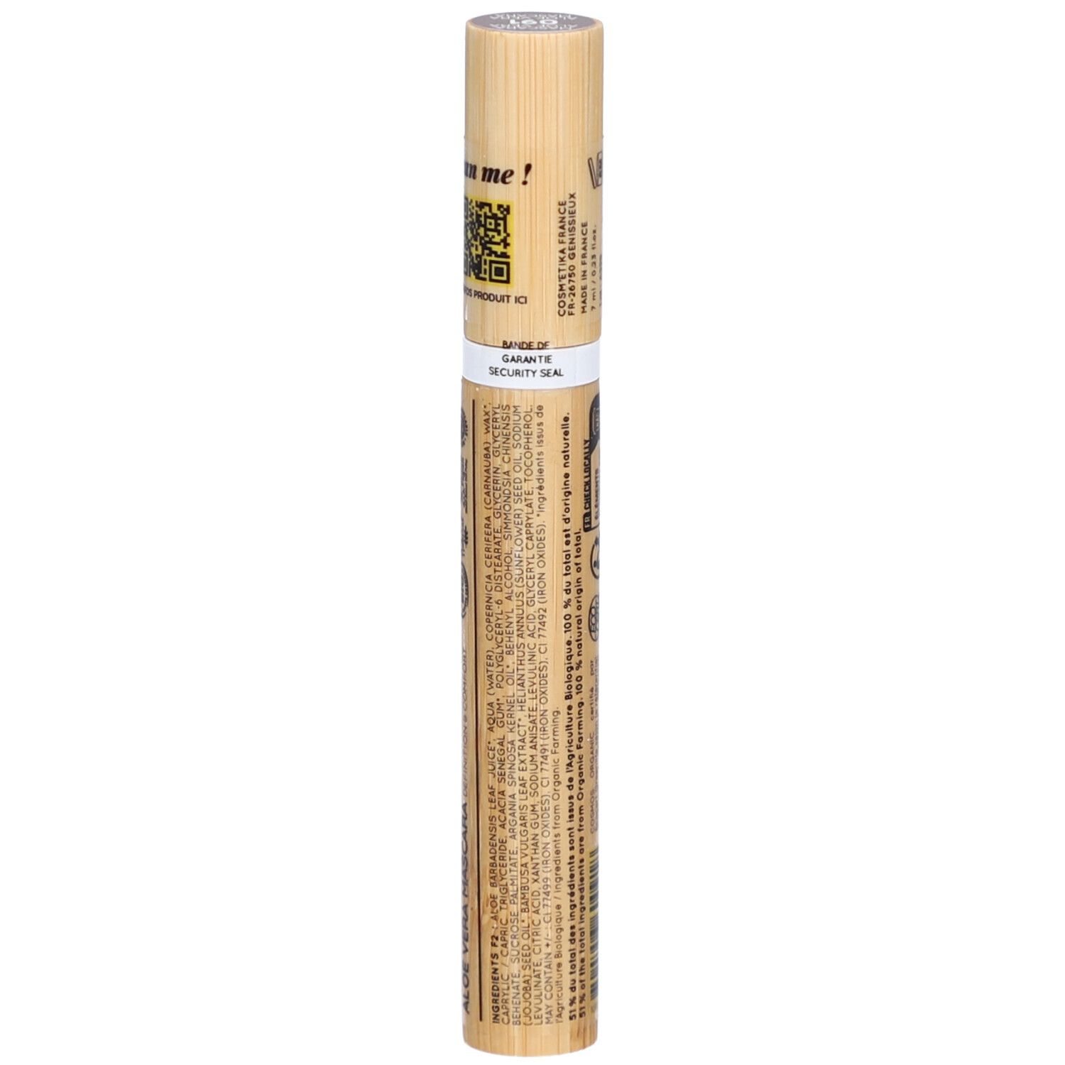 Achterkant van de mascara tube. Tekst, barcode, bio-certificering. Informatie over ingrediënten en fabrikant.
