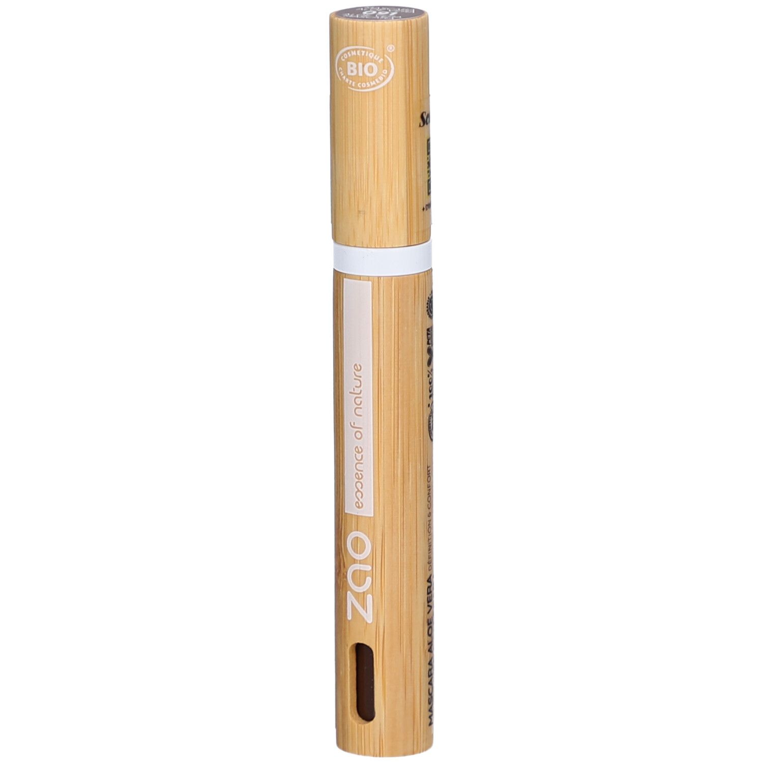 Mascara tube van bamboe. Witte streep, opschrift ZAO, essence of nature. Bio-certificering.