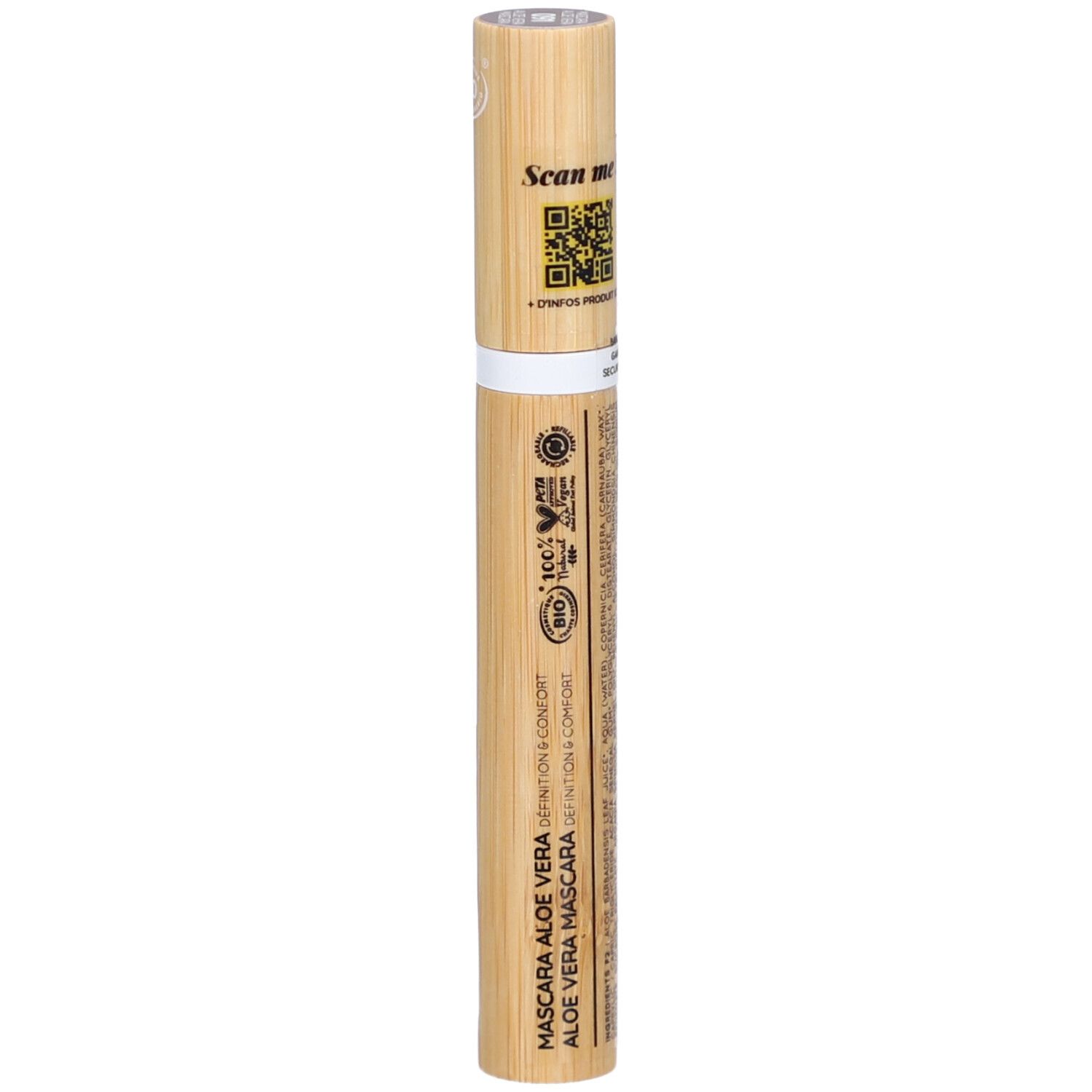 Mascara tube van bamboe. Opschrift Mascara Aloe Vera. QR-code, bio-certificering.