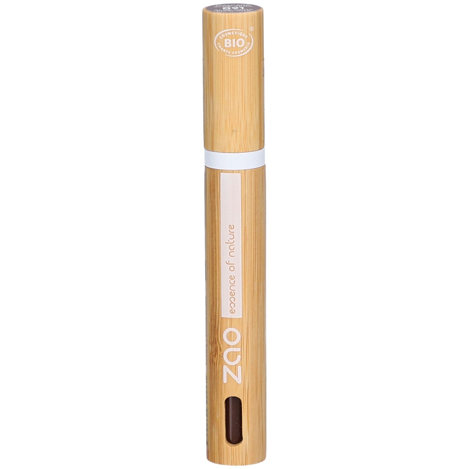 Mascara tube van bamboe. Witte streep, opschrift ZAO, essence of nature. Bio-certificering.
