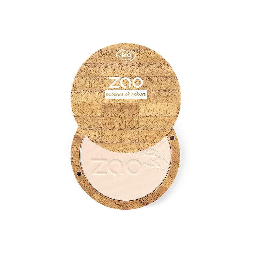 Poudre compacte ronde, couvercle en bambou. Marque ZAO, certification BIO. Poudre avec logo et motif.