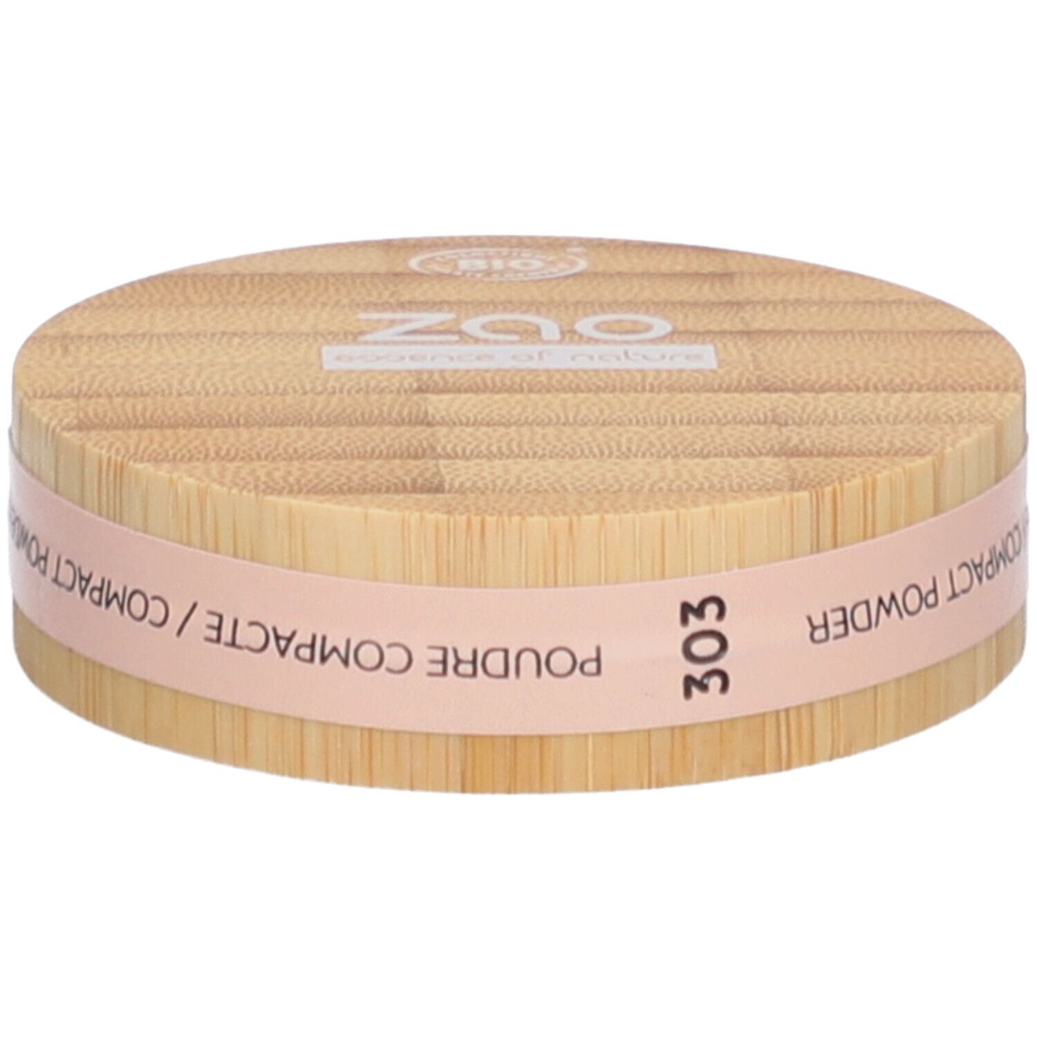 Compact poederdoosje van hout. Roze band met tekst: Poudre Compacte, Compact Powder. Nummer 303.