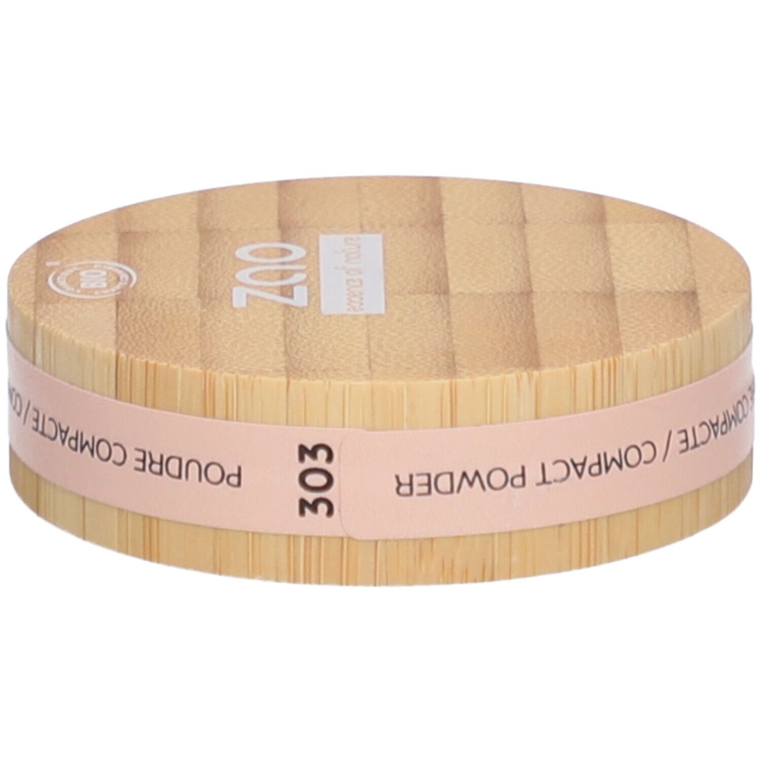 Compact poederdoosje van hout. Roze band met tekst: Poudre Compacte, Compact Powder. Nummer 303.
