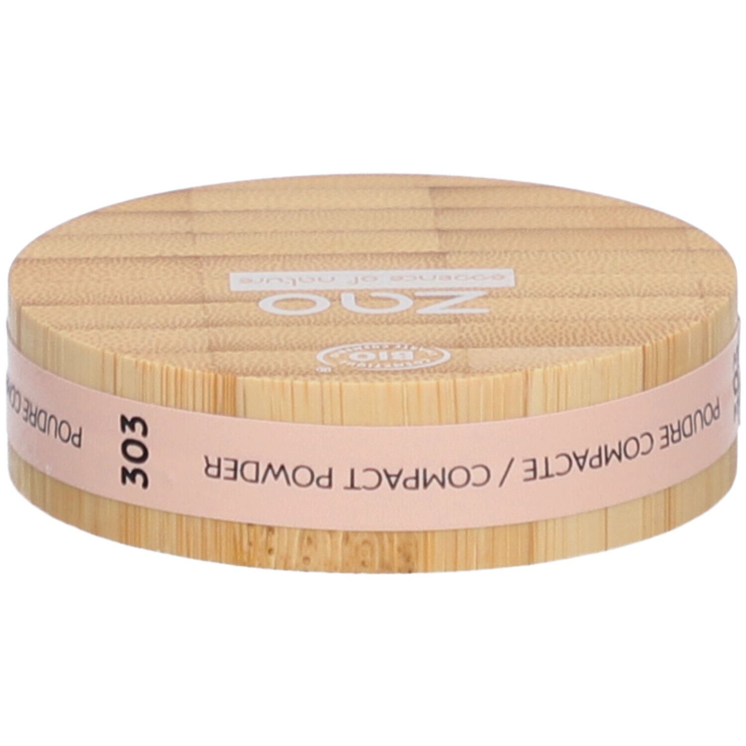 Compact poederdoosje van hout. Roze band met tekst: Poudre Compacte, Compact Powder. Nummer 303.