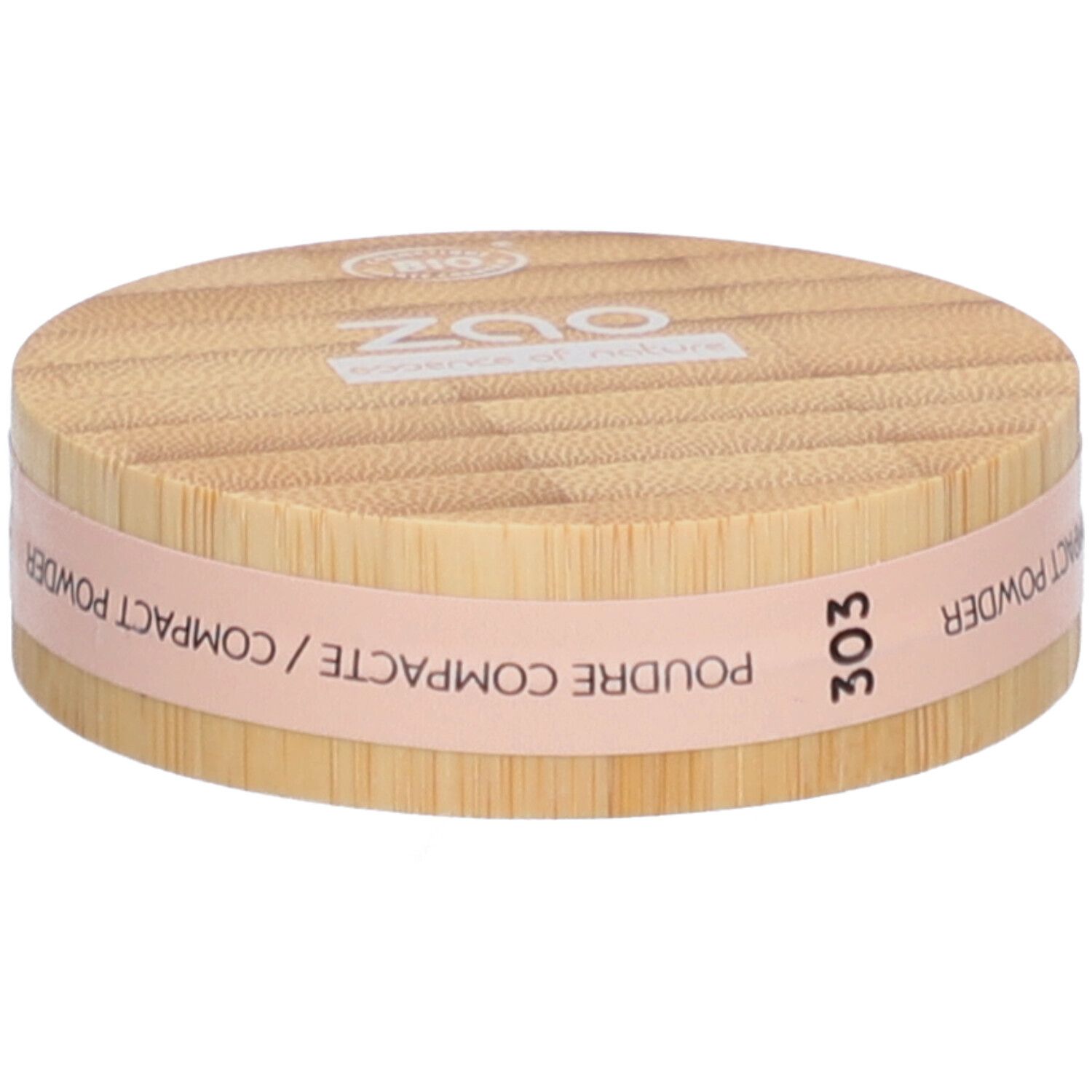 Compact poederdoosje van hout. Roze band met tekst: Poudre Compacte, Compact Powder. Nummer 303.