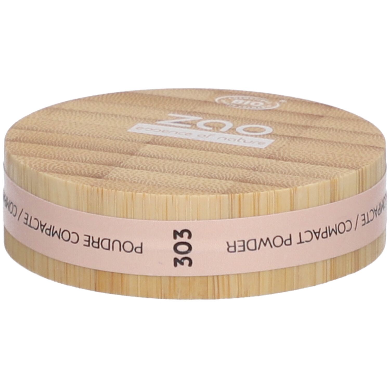 Compact poederdoosje van hout. Roze band met tekst: Poudre Compacte, Compact Powder. Nummer 303.