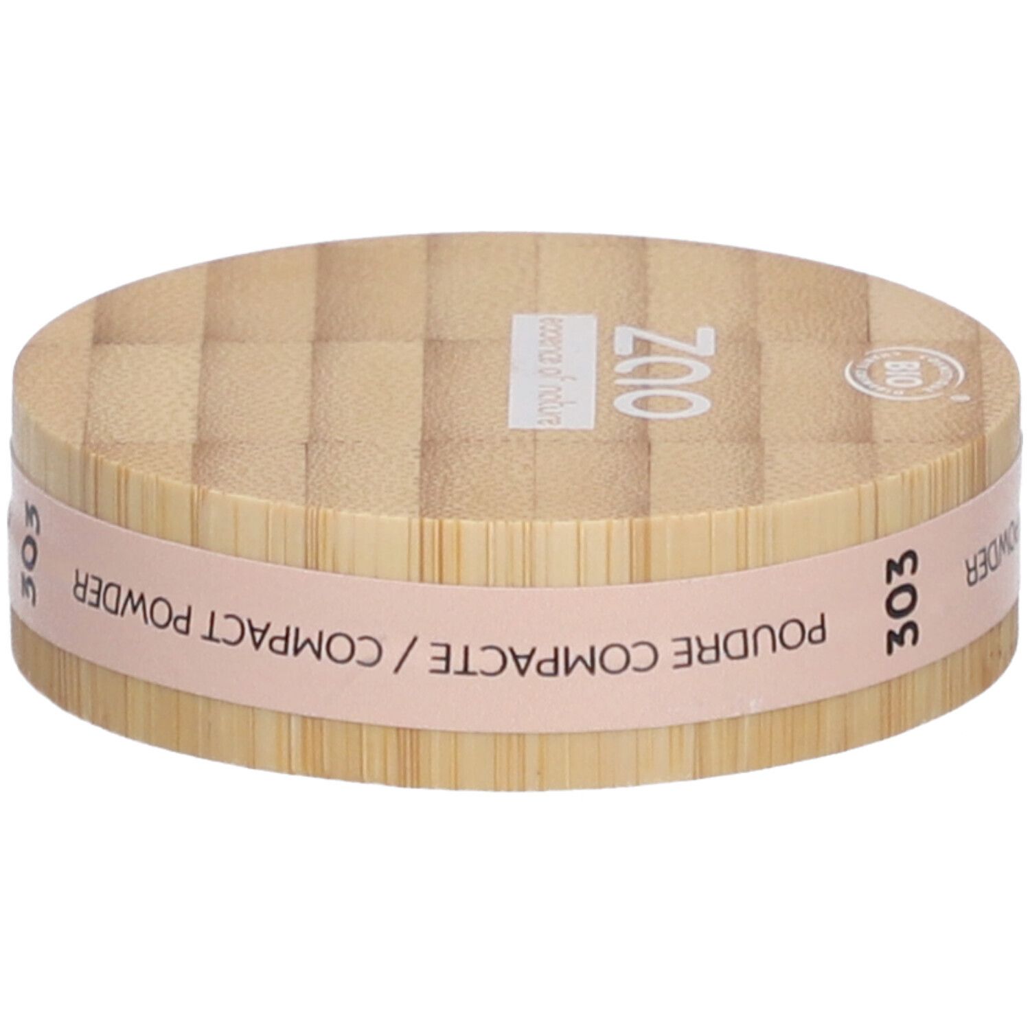 Compact poederdoosje van hout. Roze band met tekst: Poudre Compacte, Compact Powder. Nummer 303.