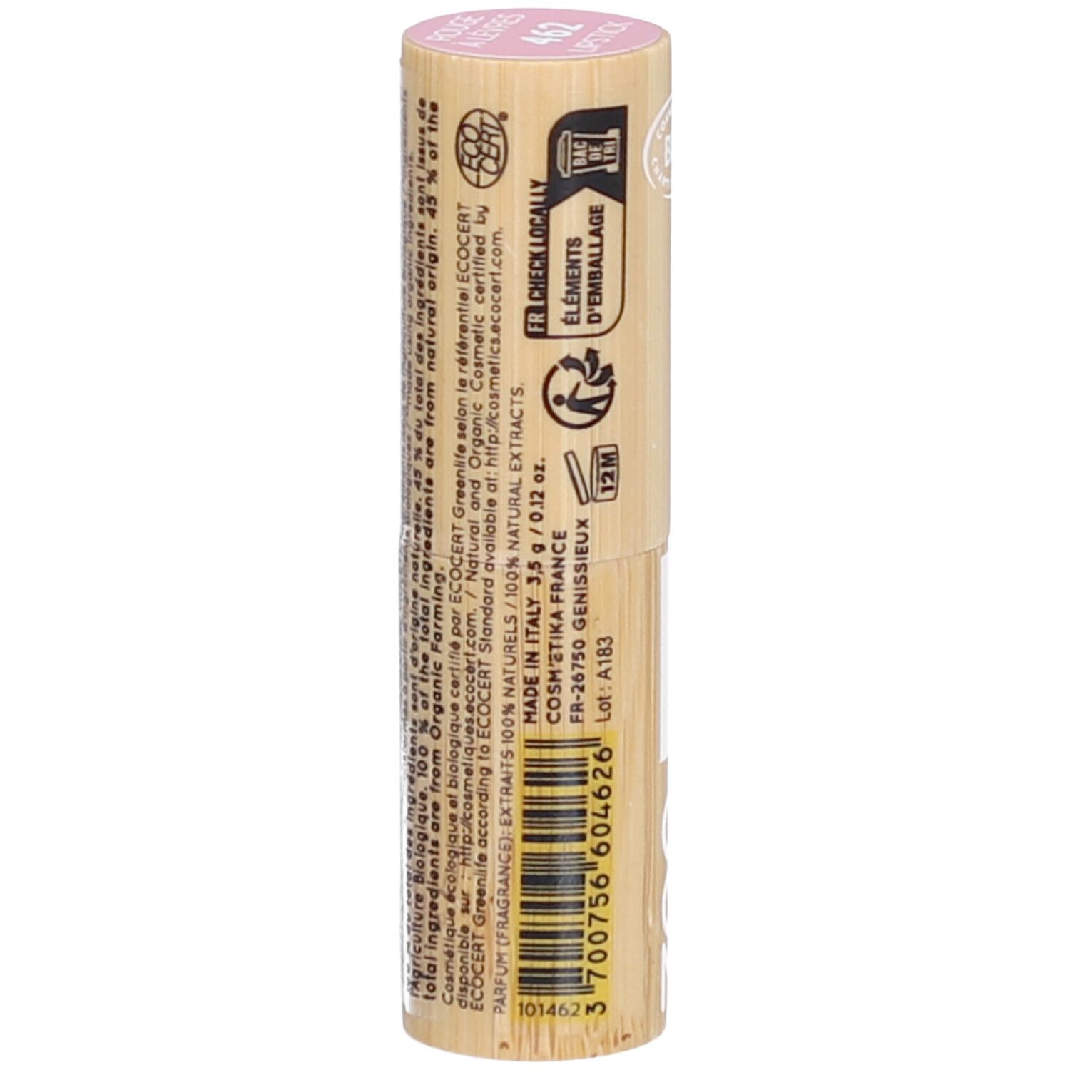Lippenstift in bamboe huls. Opschrift: Made in Italy, 3,5 g / 0,12 oz. Certificeringen: Ecocert, 12M.