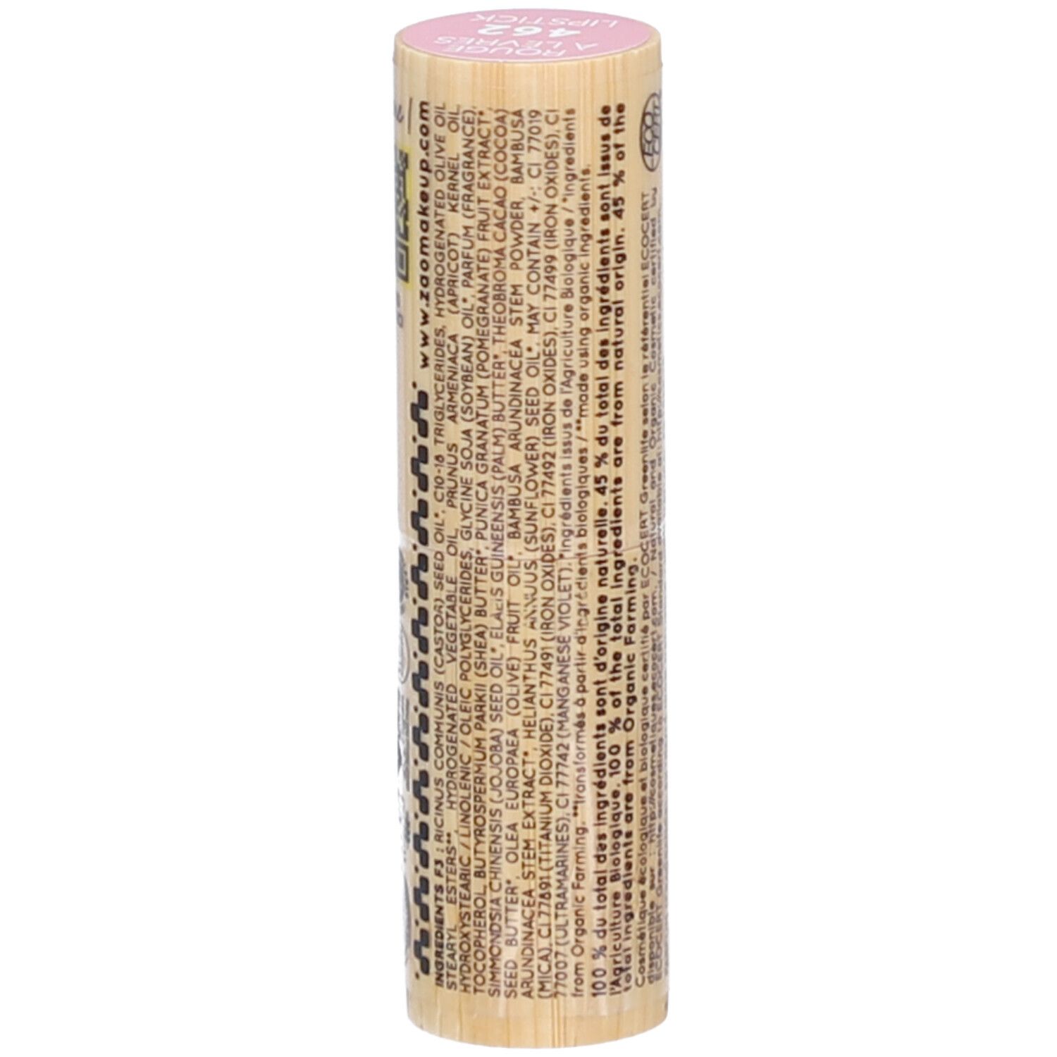 Lippenstift in bamboe huls. Opschrift: Ingrediënten. Certificeringen: Ecocert, 12M.