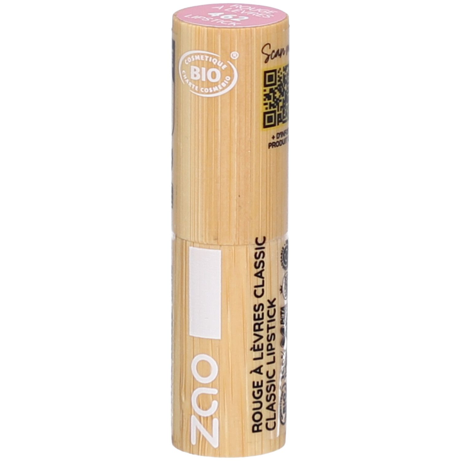 Lippenstift in bamboe huls. Roze bovenkant, witte onderkant. Opschrift: ZAO, Rouge à lèvres classic. QR-code.