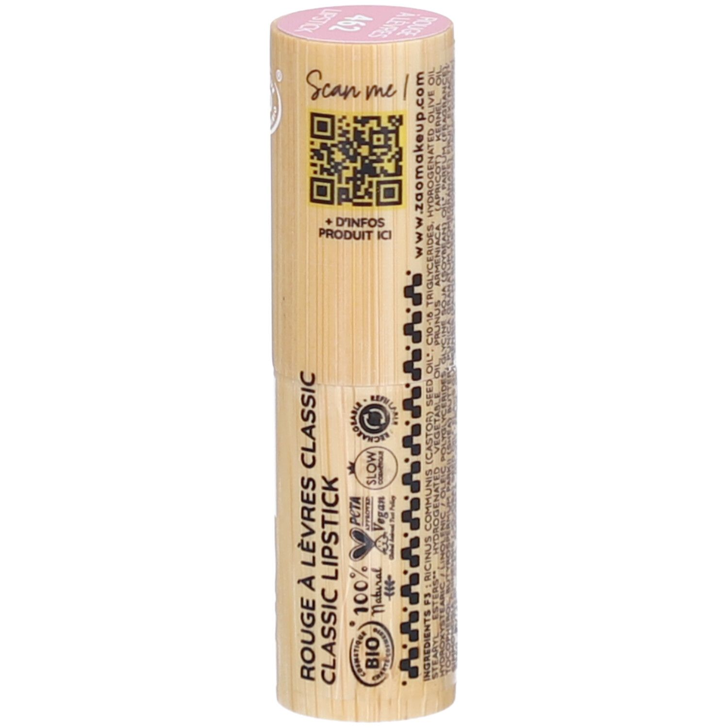 Lippenstift in bamboe huls. Opschrift: Rouge à lèvres classic. QR-code. Certificeringen: Vegan, Bio.