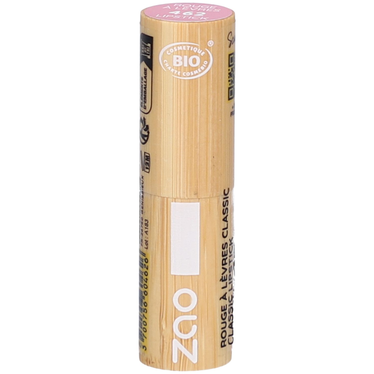 Lippenstift in bamboe huls. Roze bovenkant, witte onderkant. Opschrift: ZAO, Rouge à lèvres classic. Certificeringen: Bio.