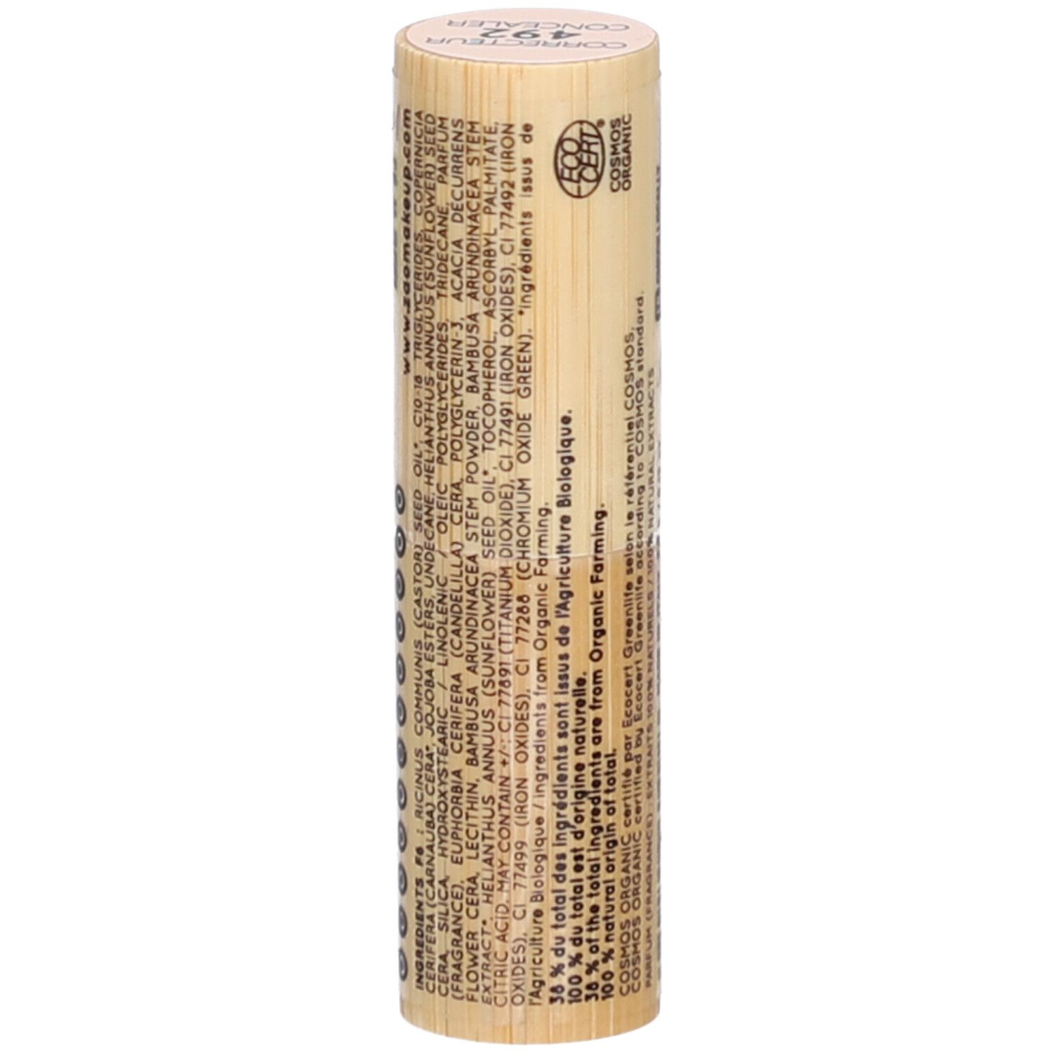 Concealer stick van bamboe. Tekst met ingrediënten. Bio-certificering. Opschrift COSMOS ORGANIC.